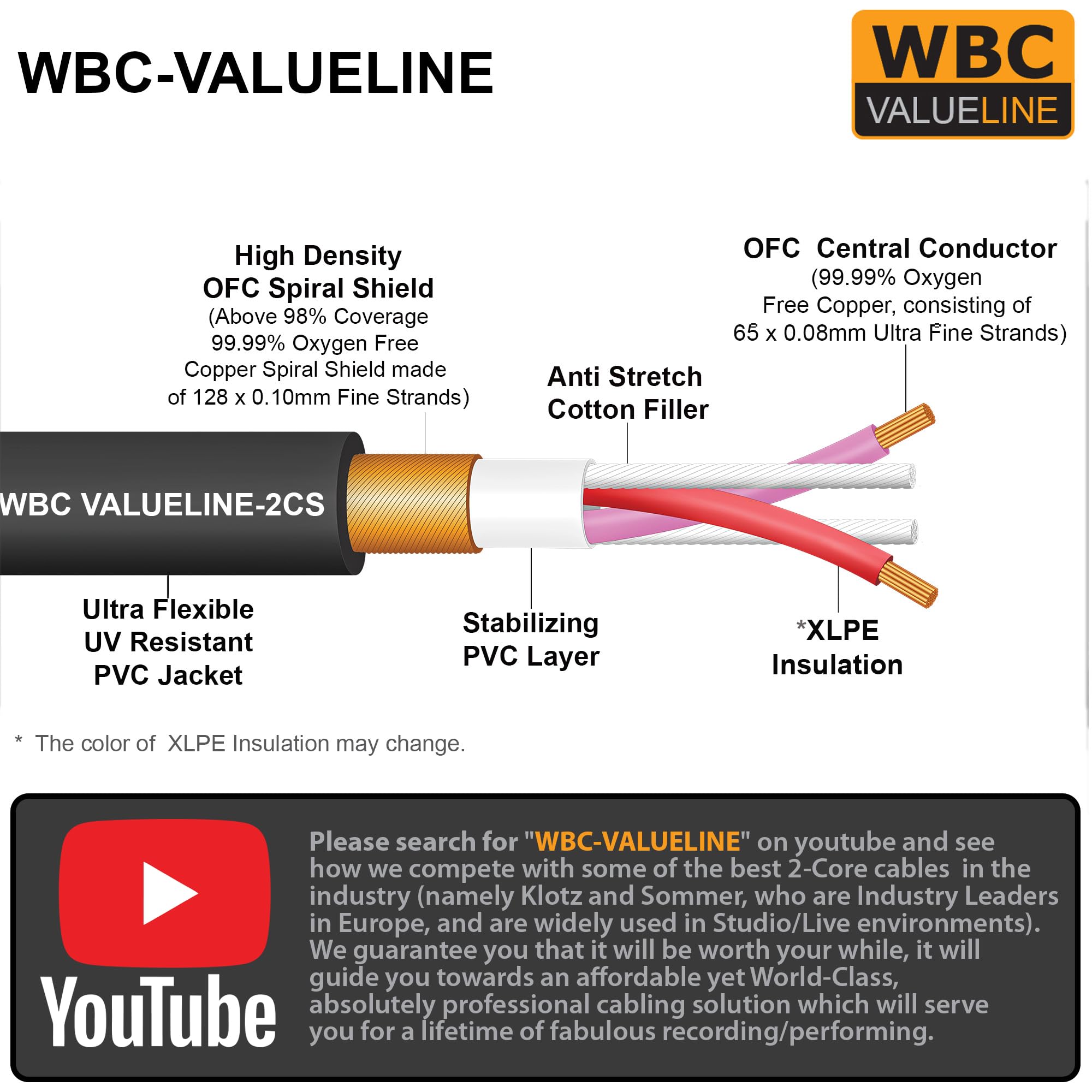 WBC-VALUELINE-2CS (22 AWG) - 4 unidades - Micrófono flexible equilibrado blindado de baja capacitancia de 10 pies, altavoces activos y cables de interconexión con conectores XLR dorados Neutrik-Rean