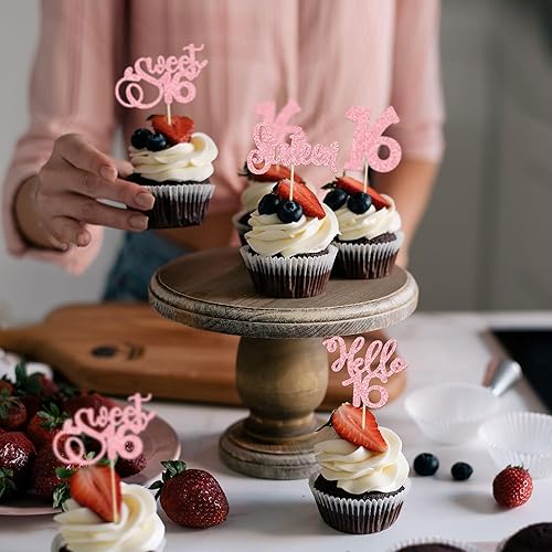 Miniatura 6 de 24 piezas de decoración para cupcakes de 16 cumpleaños con purpurina Hello 16 Sweet 16 Sweet 16 Cupcake Pick 16 años de edad, decoración para
