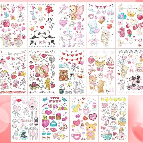 Miniatura 6 de VIWIEU Tatuajes con purpurina para el día de San Valentín, paquete pequeño temporal, decoración corporal, 14 hojas para niños y adultos, tatuajes de