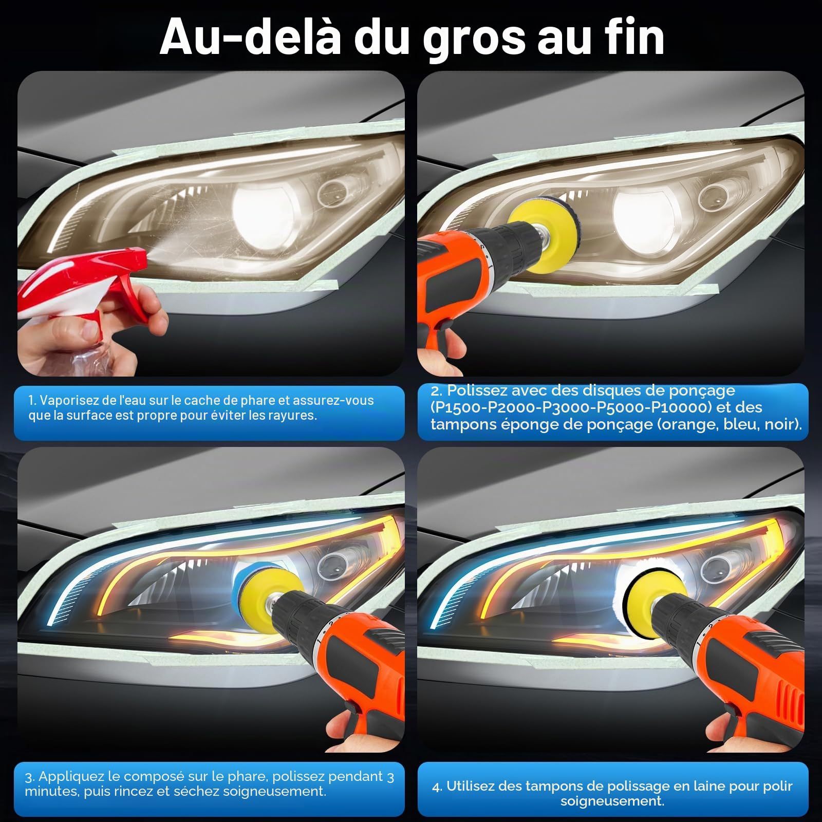 Lot de 333 embouts de polissage pour visseuse sans fil, 50 mm, papier abrasif humide et sec | Disques abrasifs de 5 cm - Kit de polissage de phare - Éponge de polissage pour voiture, métal, bois