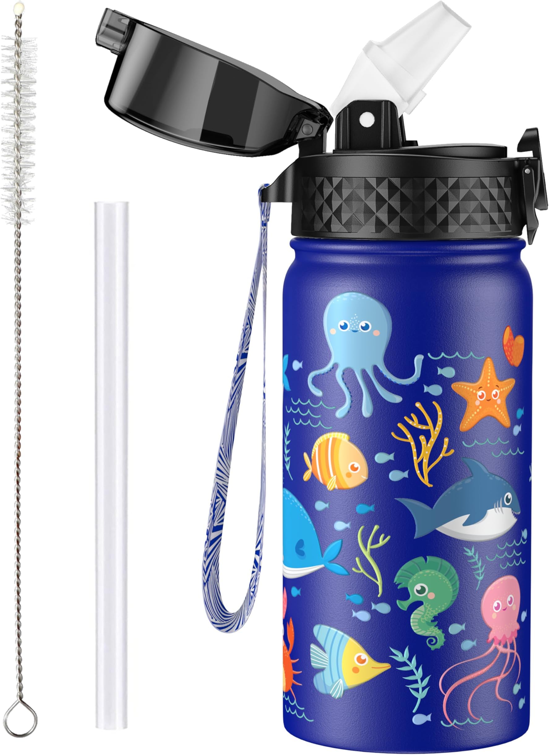 OLDLEY420ml/14oz Kids Stainless Steel Insulated Water Bottle with Straw for School Reusable Metal Vacuum Small Flask Leakproof Keep Drinks Hot Cold for Boys Girls Toddlers Children (Sea, 420ml)