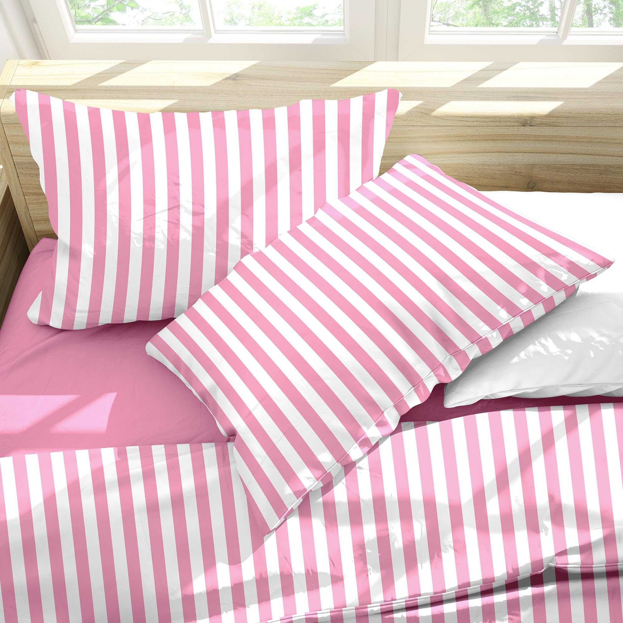 Ruggeri - Completo Letto - 100% Morbida Microfibra di Alta Qualità | 2 Federe 50x80cm + 1 Lenzuolo con Angoli 170x200cm + 1 Lenzuolo Sopra 240x280cm - Collezione Beat (Righe Rosa, Matrimoniale)