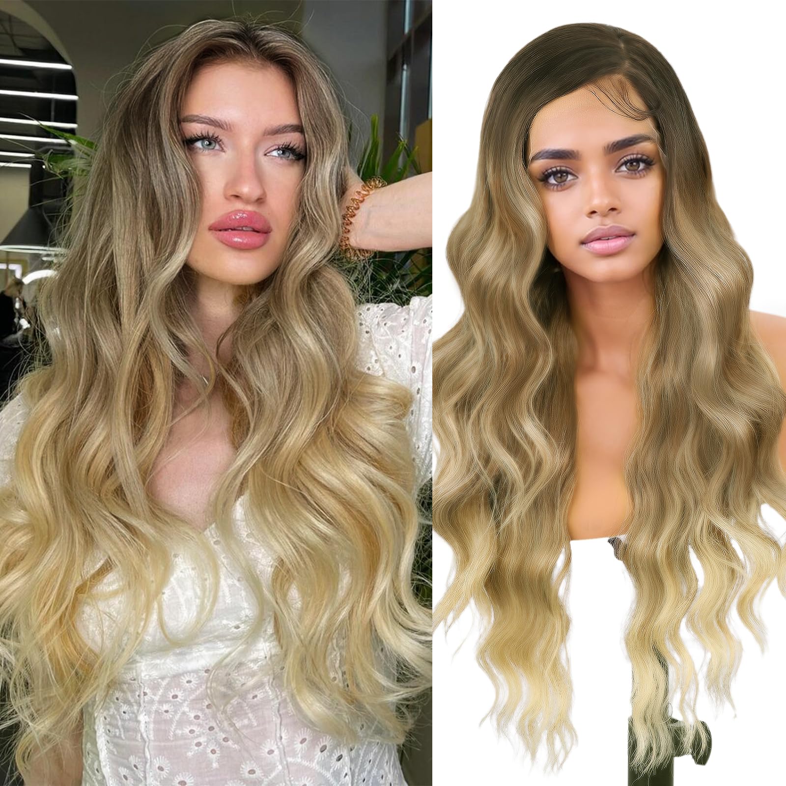 Photo 1 of SUKRI 13×4 Ombre Blonde Lace Front Wig for Women 26 Inch Long Wavy Synthetic Wigs with Baby Hair PrePlucked Glueless Lace Wig for Daily,Party,Cosplay