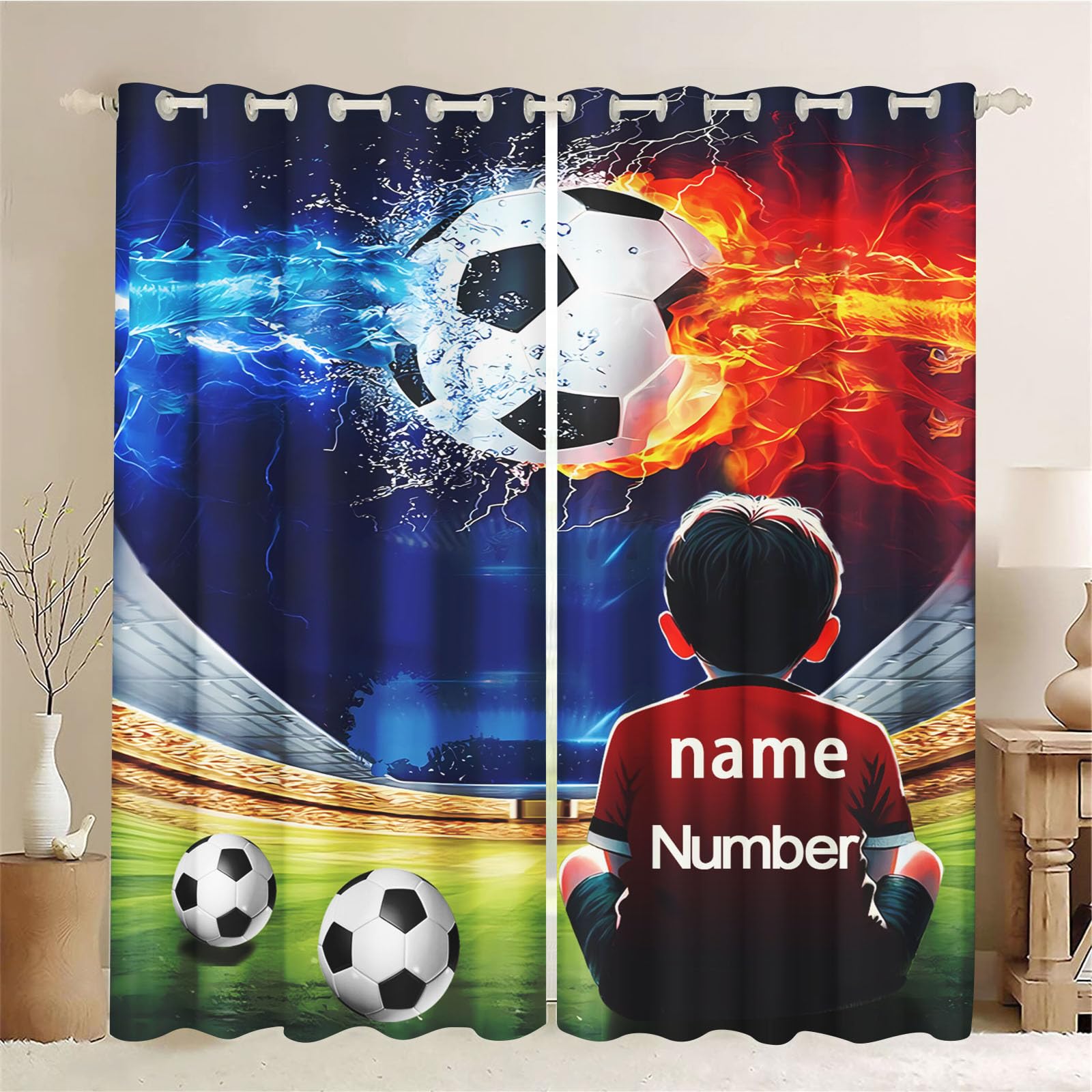 CHEFFS Cortinas opacas de fútbol con ojales, personalizadas, para niños (1150 x 166 cm)