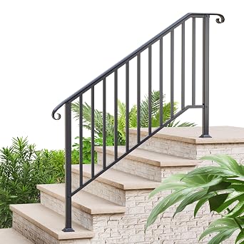 5 Step Handrails for Outdoor Steps, Wrought Iron Stair Railing Fits 4 or 5 Steps, Metal Hand Railing with Installation Kit, Staircase Handrails for Concrete, Porch, Deck, Exterior Steps, Black