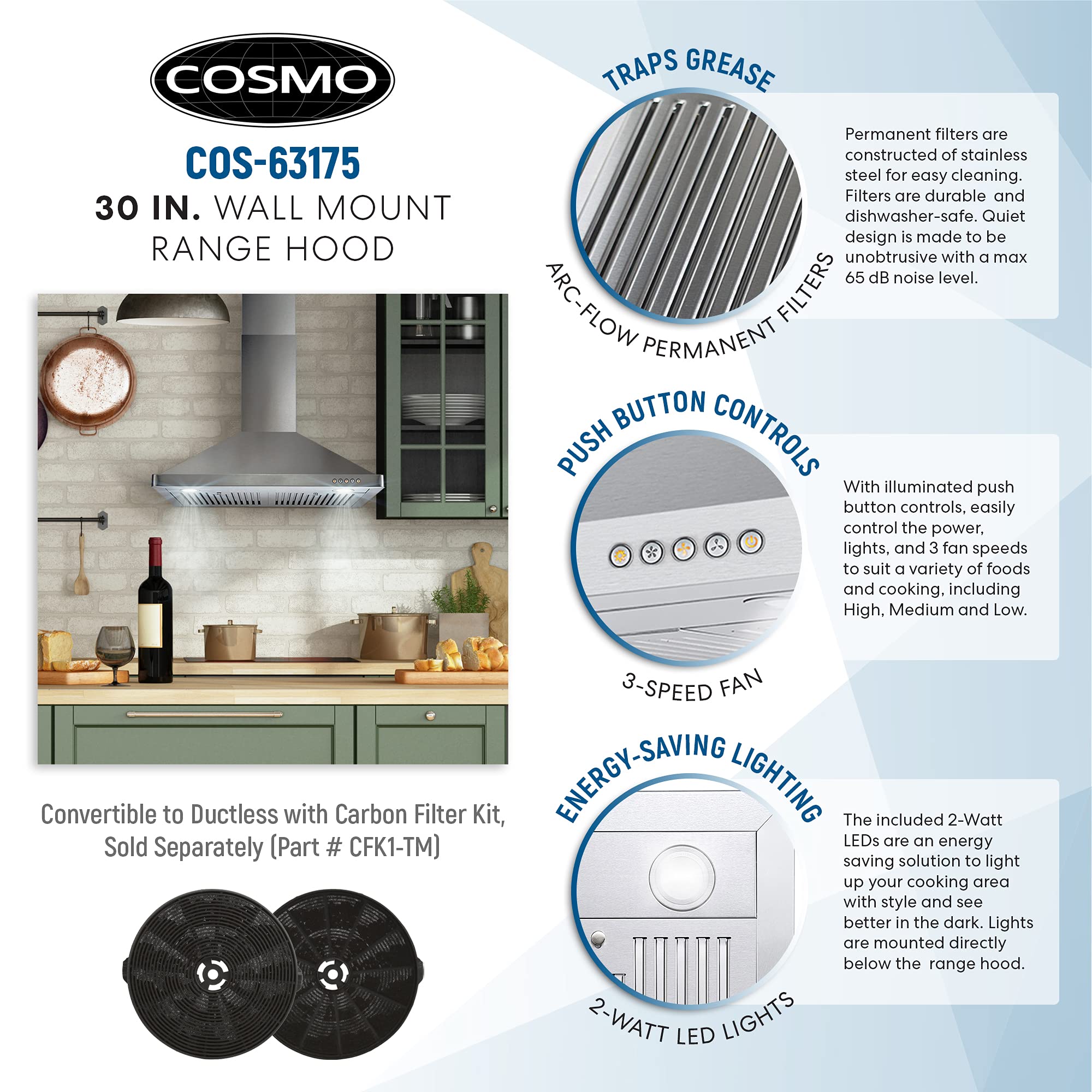 Cosmo 63175 30 in. Wall Mount Range Hood with Efficient Airflow, Ducted