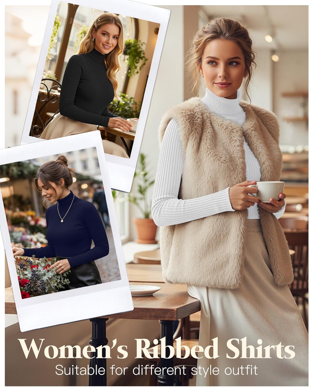 3 Pack Women’s Ribbed Turtleneck Tops Long Sleeve Cotton Stretch Shirts Slim Fit Base Layer Undershirt Tees - Image 3