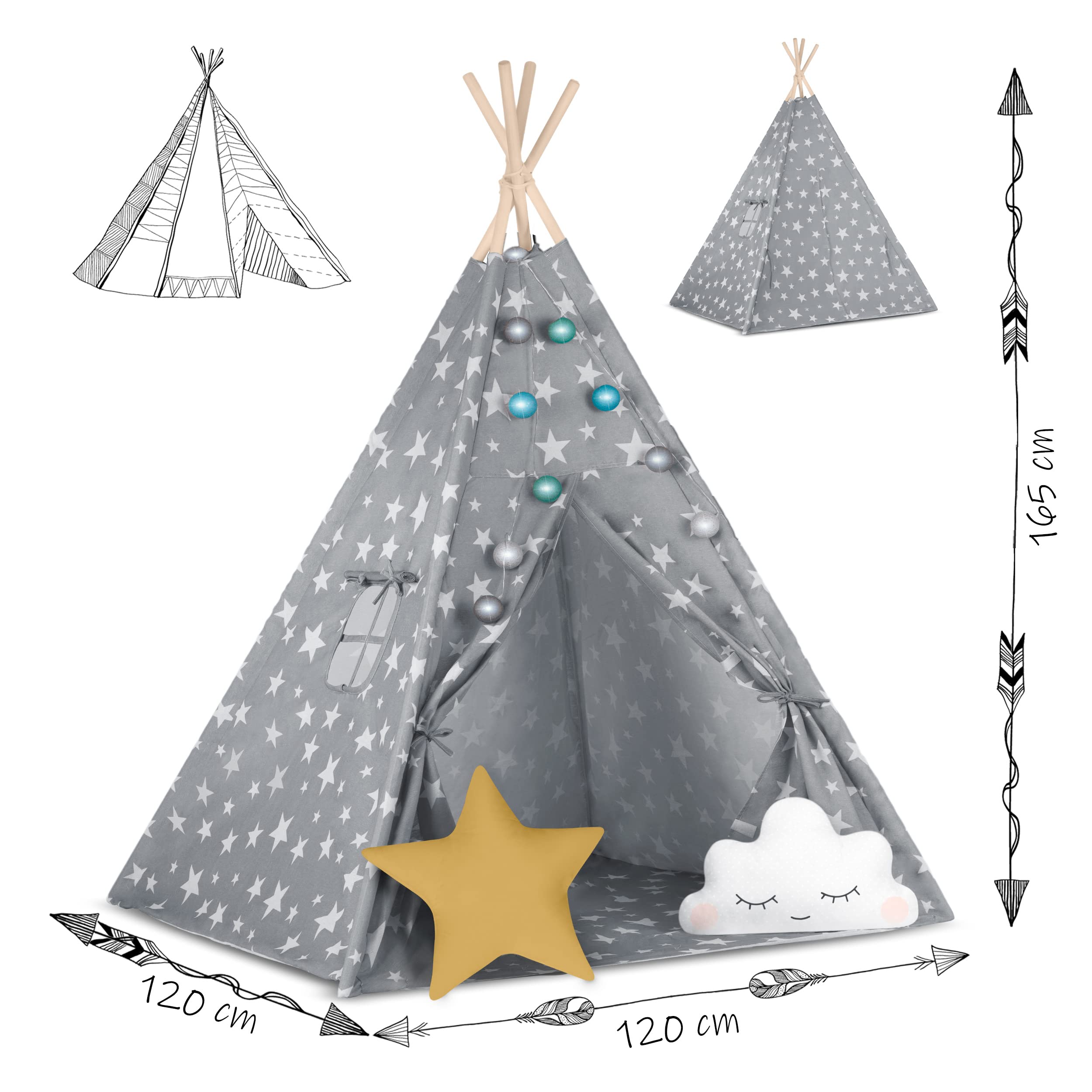 Kinder Indianer Tipi Zelt Nukido - Montessori Stil, Naturmaterialien, 2 Kissen, Bodenmatte, Lichterketten & Abdeckung inklusive - Ideal für Kinderzimmer und Gartenabenteuer
