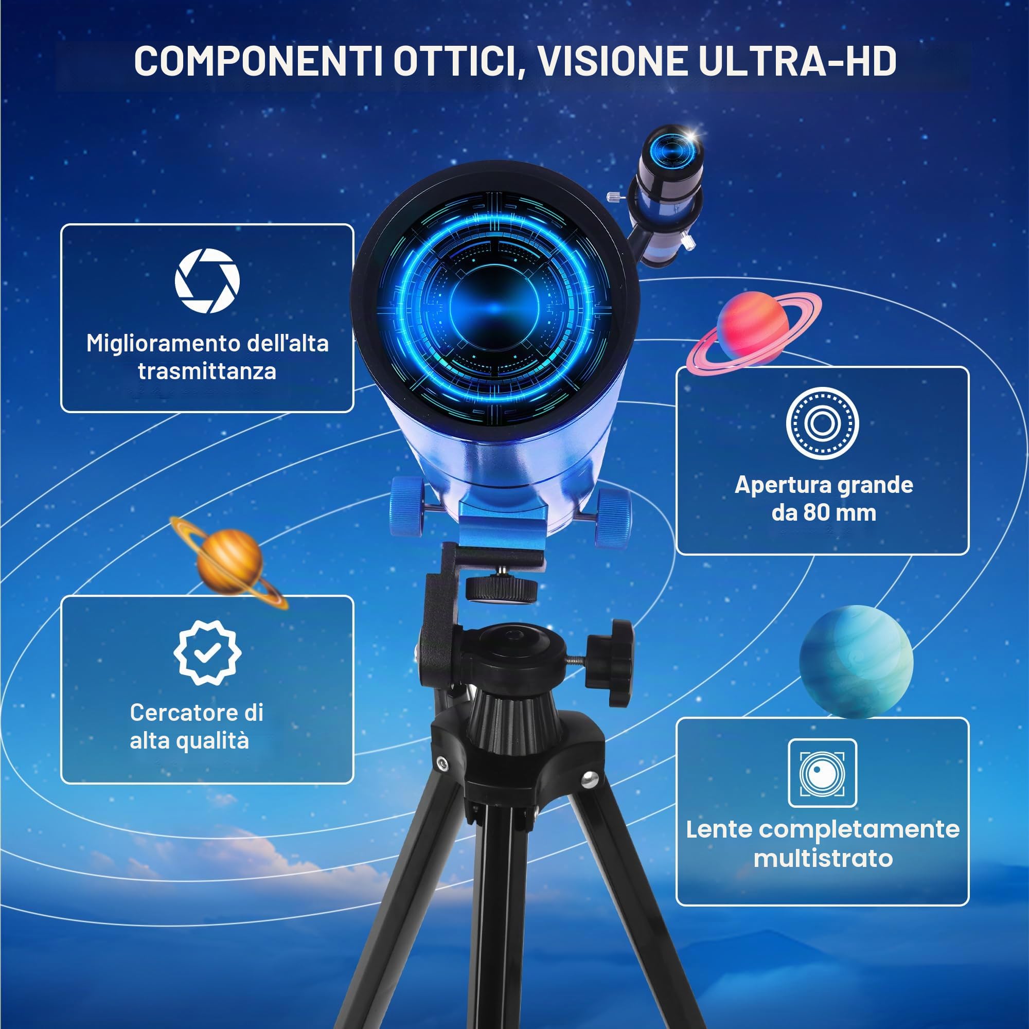 Telescopio per adulti e bambini - 80500 rifrattore telescopio per principianti, portatile con zaino, supporto per cellulare - versione blu elettrico