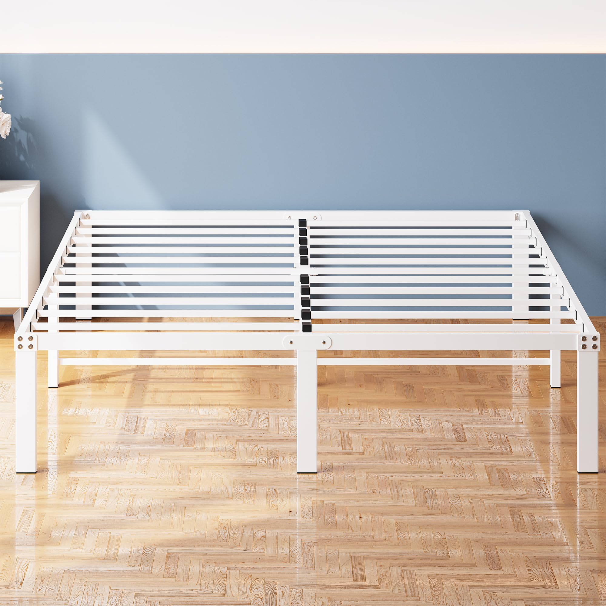 VERFARM King size Bed frame, Metal Bed 150x200 cm, 36 cm Height with Underbed storage, 5ft King Size Metal Platform Bed Frame with Steel Slat Support, Easy Assembly, White