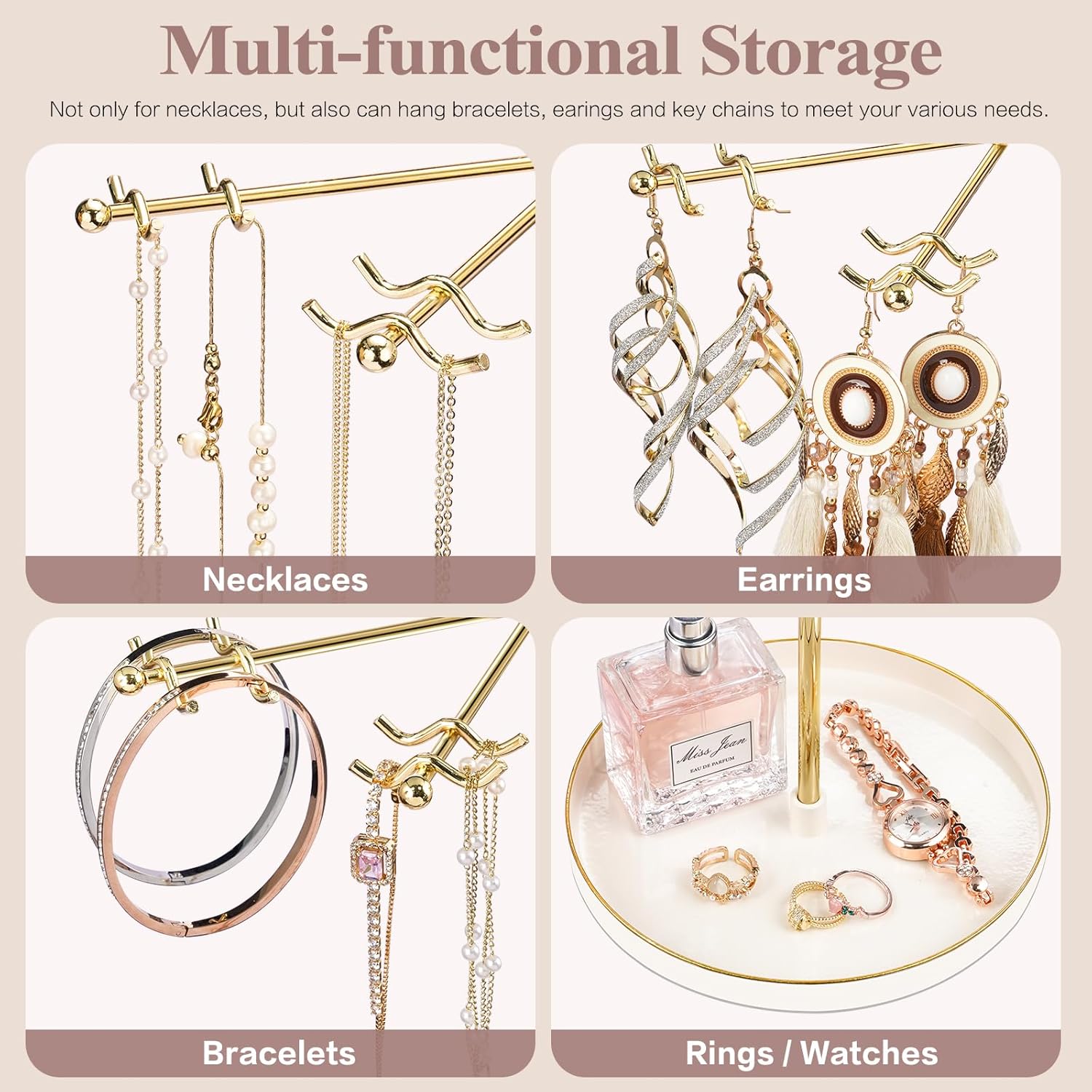 Necklace Holder Jewelry Stand, Rotating Necklace Holder Organizer with 32 Hooks, Metal Spinning Jewelry Display Stand for Long Necklace Earring Bracelet Keychain Tree Stand for Women Gold - Image 7