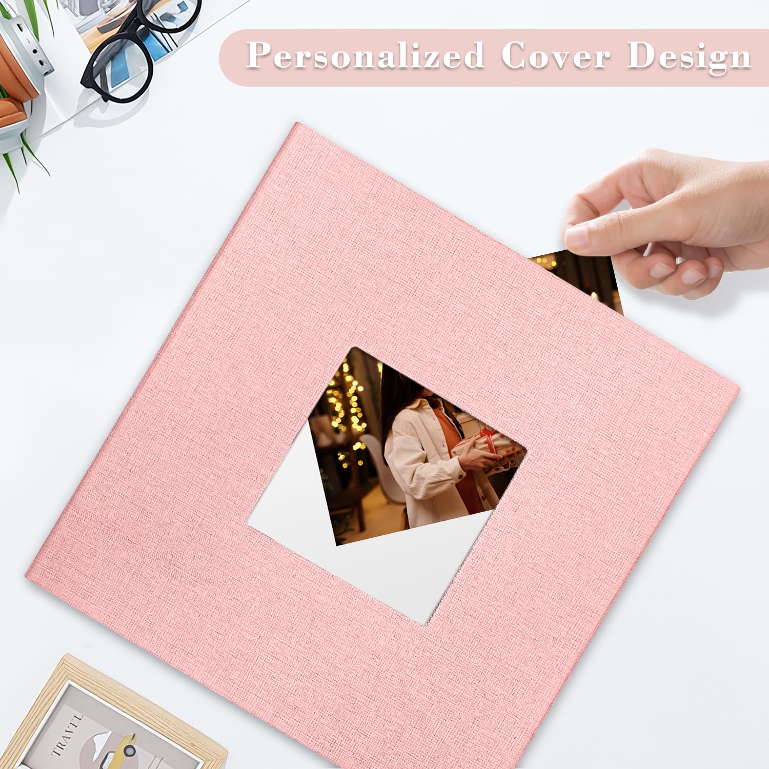 Álbum de fotos grande autoadhesivo, álbum de recortes para fotos de 4 x 6, 8 x 10 pulgadas, 40 páginas de color rosa claro, cubierta de lino, regalo ideal para viajes familiares, bodas
