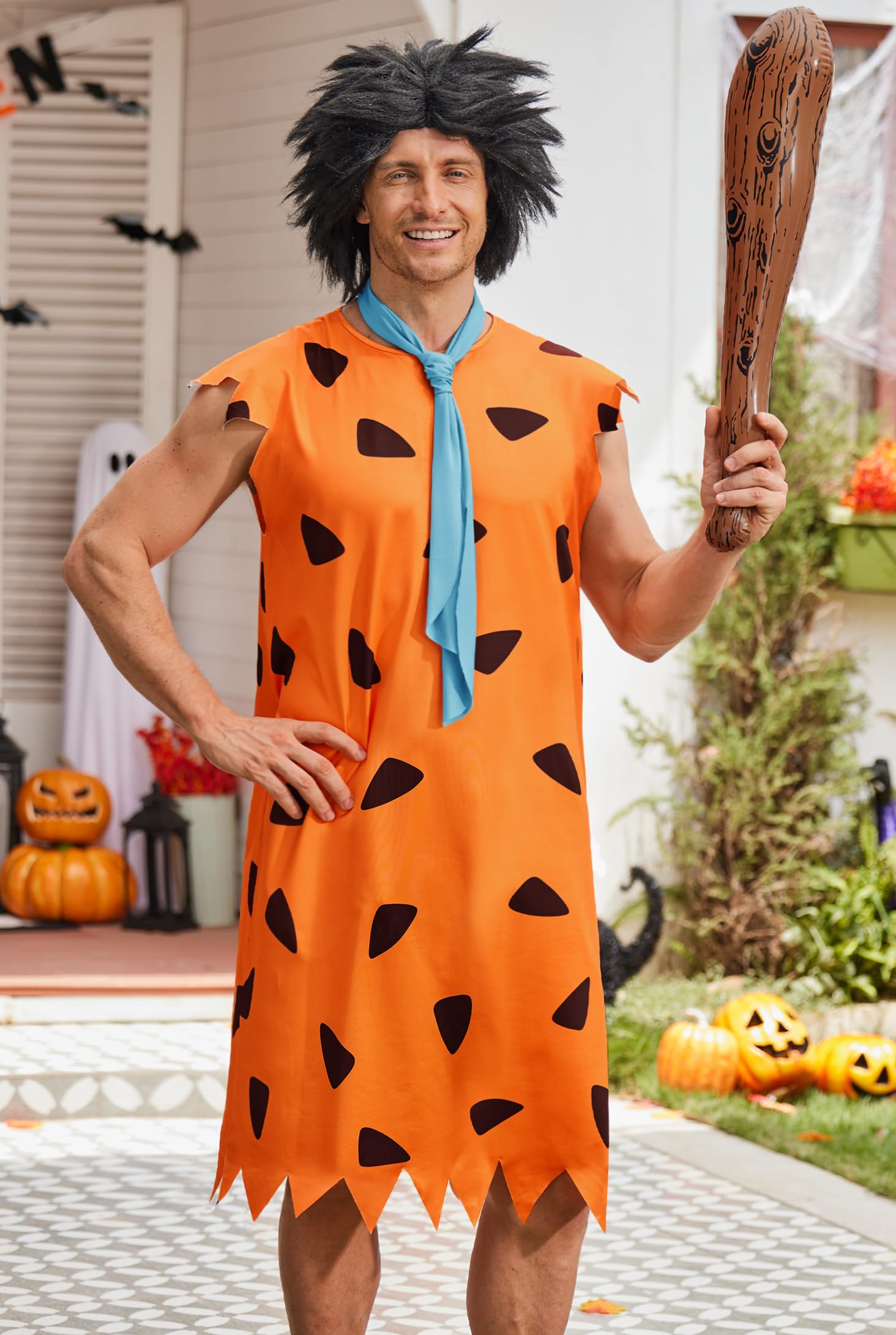 Mainfini Fred Funny Costume Caveman All Hallows Eve Masquerade Theme Party Orange Tunic Tie Wig Inflatable Club Cartoon Characters Classic Cosplay suit XL - Image 2