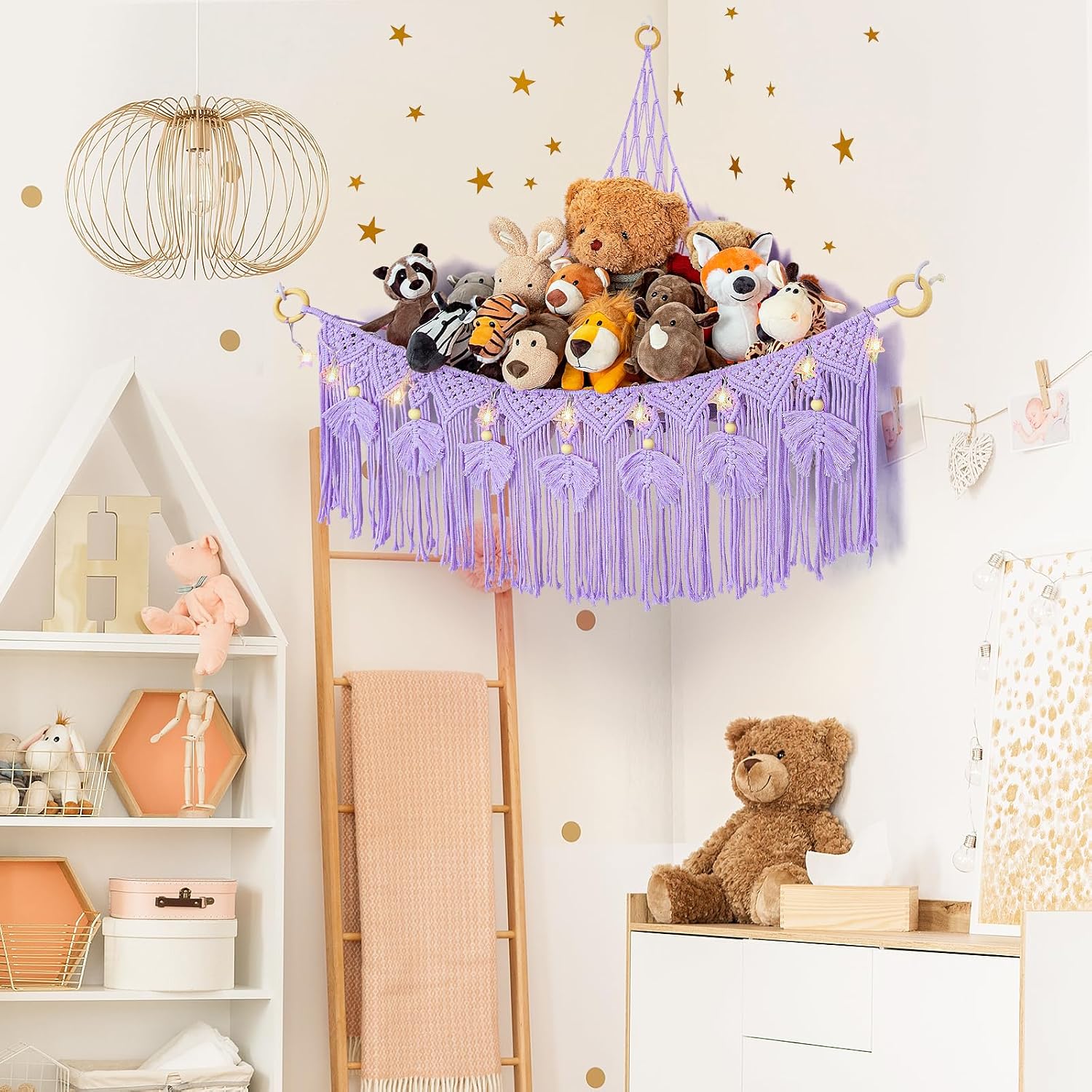 ANROYE Macrame Stuffed Animal Storage with Star Light, Bear Purple Hammock for Girls Room Decor, Corner Hanging Mesh Organizer Idea for Nursery, Plushies Toy Wall Hanging Display Holder Kid Gift