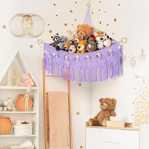 Vista 15 de ANROYE Hamaca de red de juguetes de peluche de macramé con luz de estrella, pequeños peluches bohemios, almacenamiento para guardería, organizador