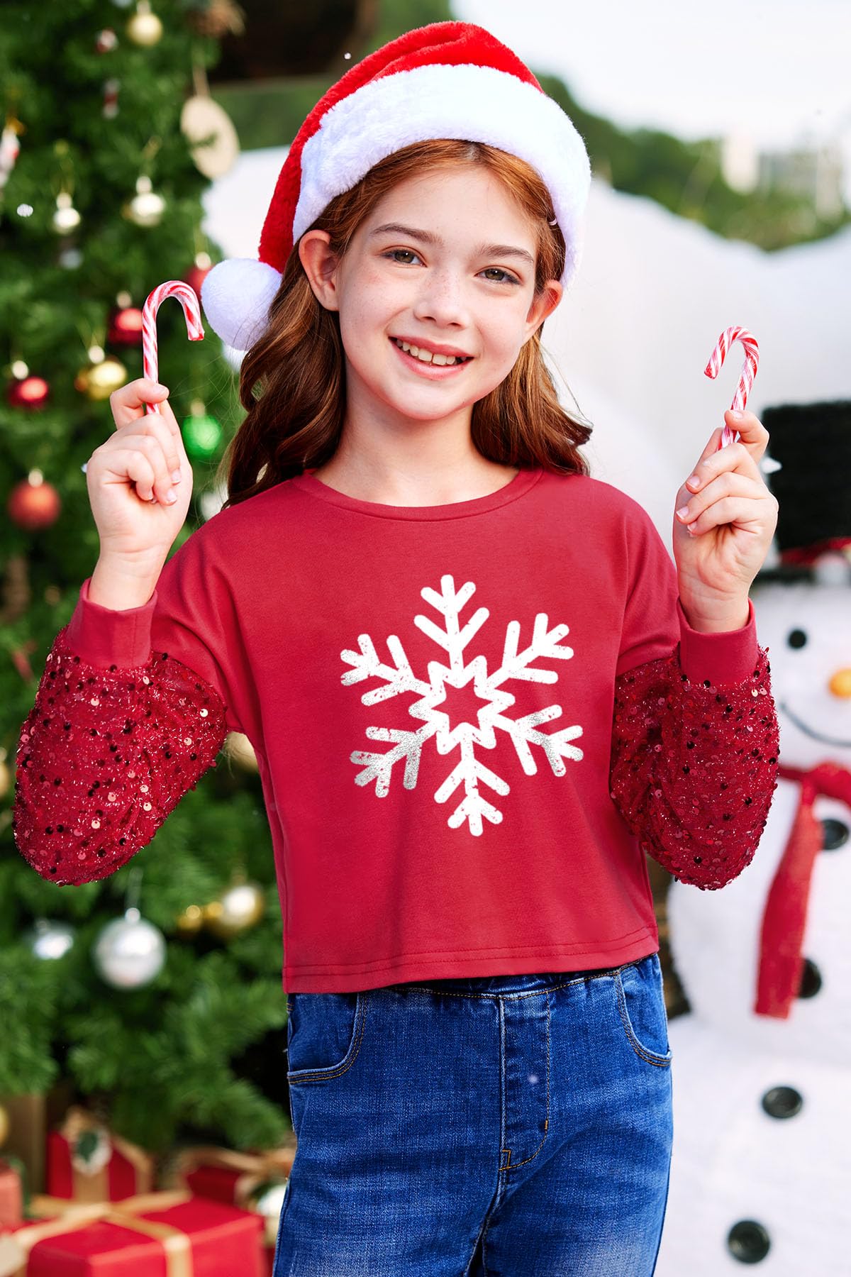 BesserBay Camisa de manga larga para niñas, diseño de retazos de lentejuelas, para Navidad, de 6 a 14 años