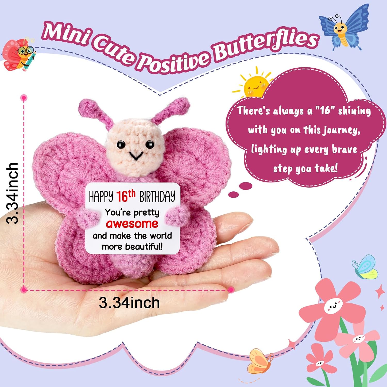 Sweet 16 Gifts for Girls, Mini Crochet Pink Butterfly Plush for 16th Birthday Teen, Happy 16 Year Old Girl Birthday Gift Ideas, Sixteen YO Decorations - Image 2