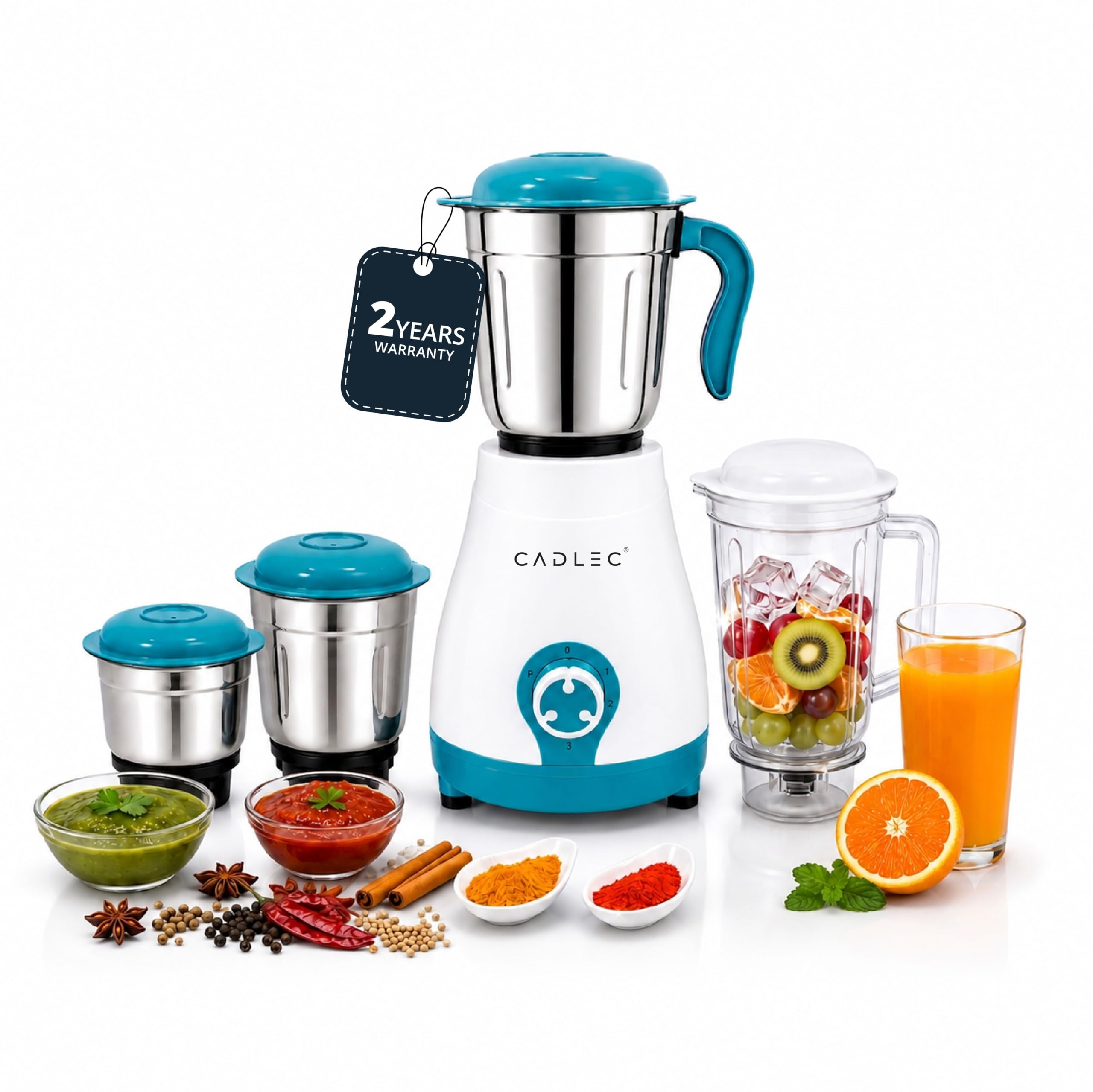 cadlec blendcraft 4 jar 750 watt mixer grinder | high-power juicer, blender & mixer | durable abs body | multi-function for juicing & blending | 2-year warranty, blue & white