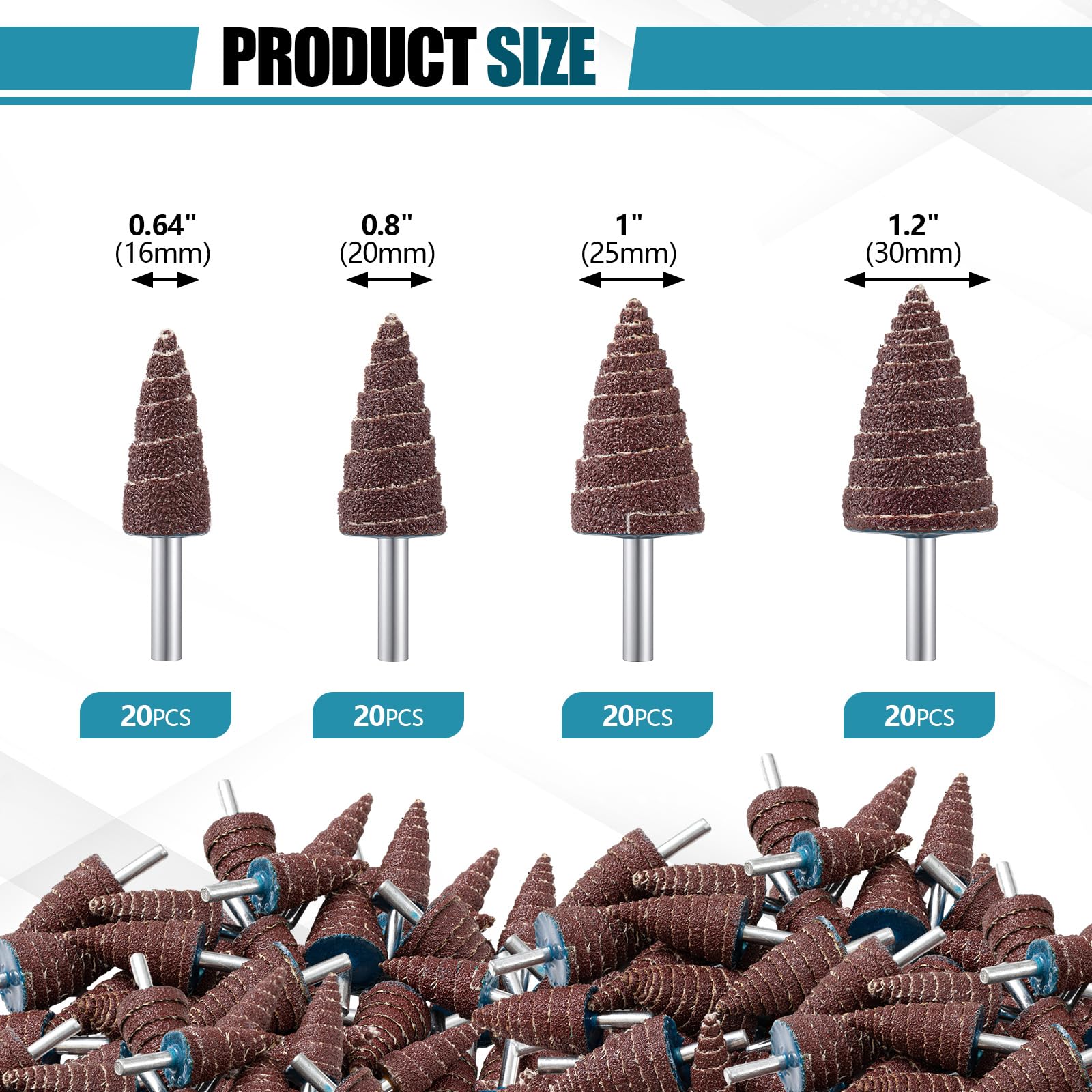 Yalikop 80 pezzi 1/4 "Shank 80 Grit Cone Shape Abrasive Abrasive Levigatura Bit 4 Dimensioni Flap Levigatura Mola Testa per Grinding Lucidatura Rimozione Ruggine Sbavatura