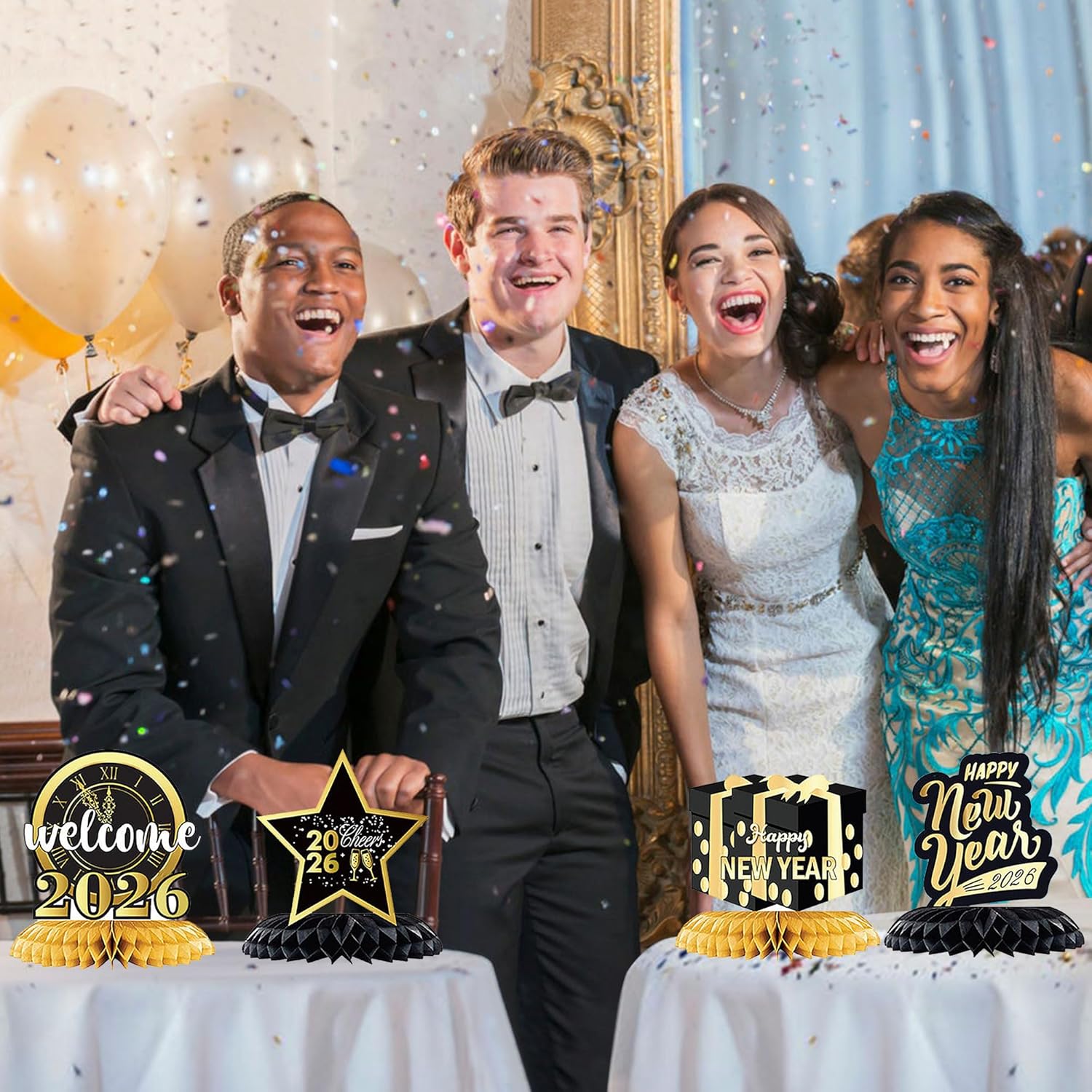 Lucleag 9 Pieces New Years 2026 Honeycomb Centerpiece Party Decoration, Happy New Year Table Toppers Decor 2026, Black Gold Honeycomb Centerpiece Decor for 2026 New Years Eve Party Decor Supplies