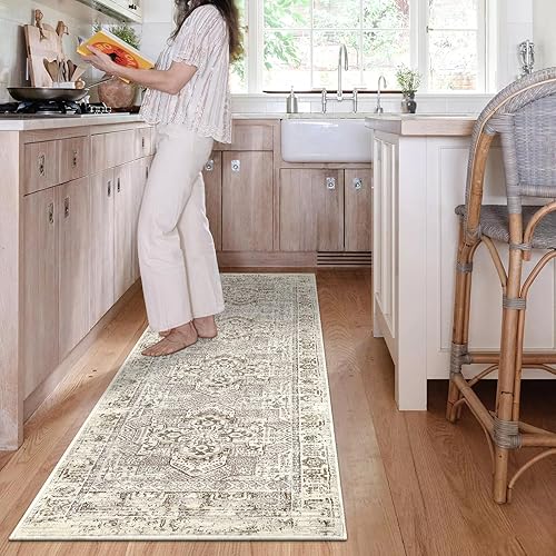 Miniatura 7 de Lahome Alfombra bohemia vintage beige de 2 x 8 pulgadas, ultra suave, lavable a máquina, con parte trasera de goma, antideslizante para interiores,