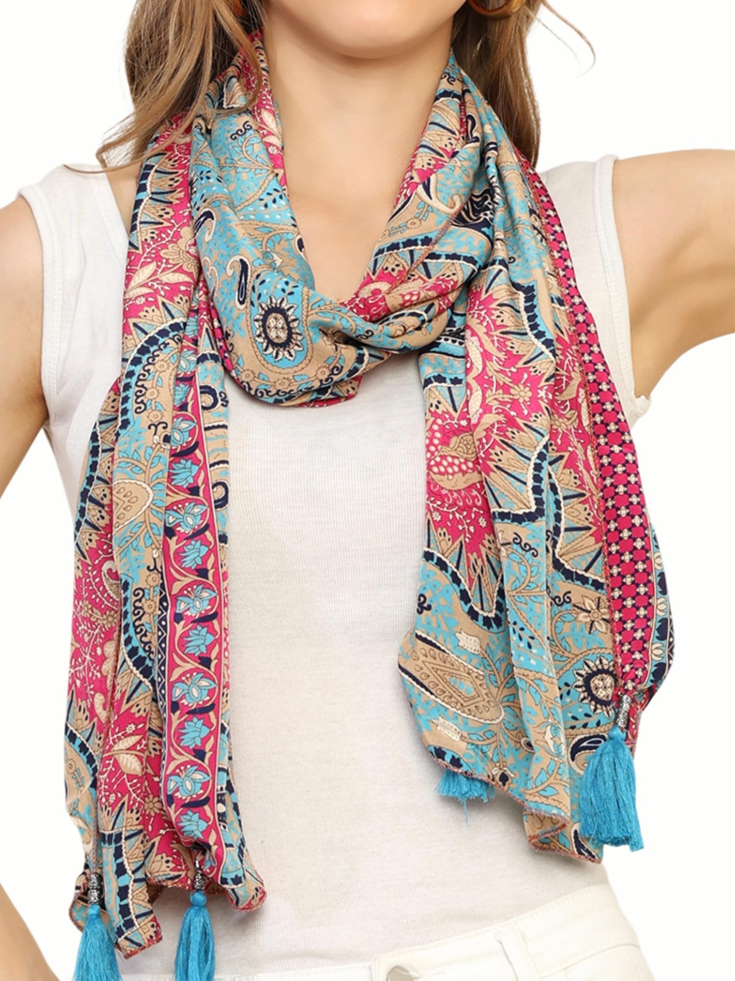 - KE KANHA EXPORT Women Scarf|Stole For Women|Scarf For Women Stylish|Stall For Women|Border Print Face Cover Head Wrap|Boho|Beach|Multicolor|180x50cm|Pack Of 1FREE Scrunchie Included