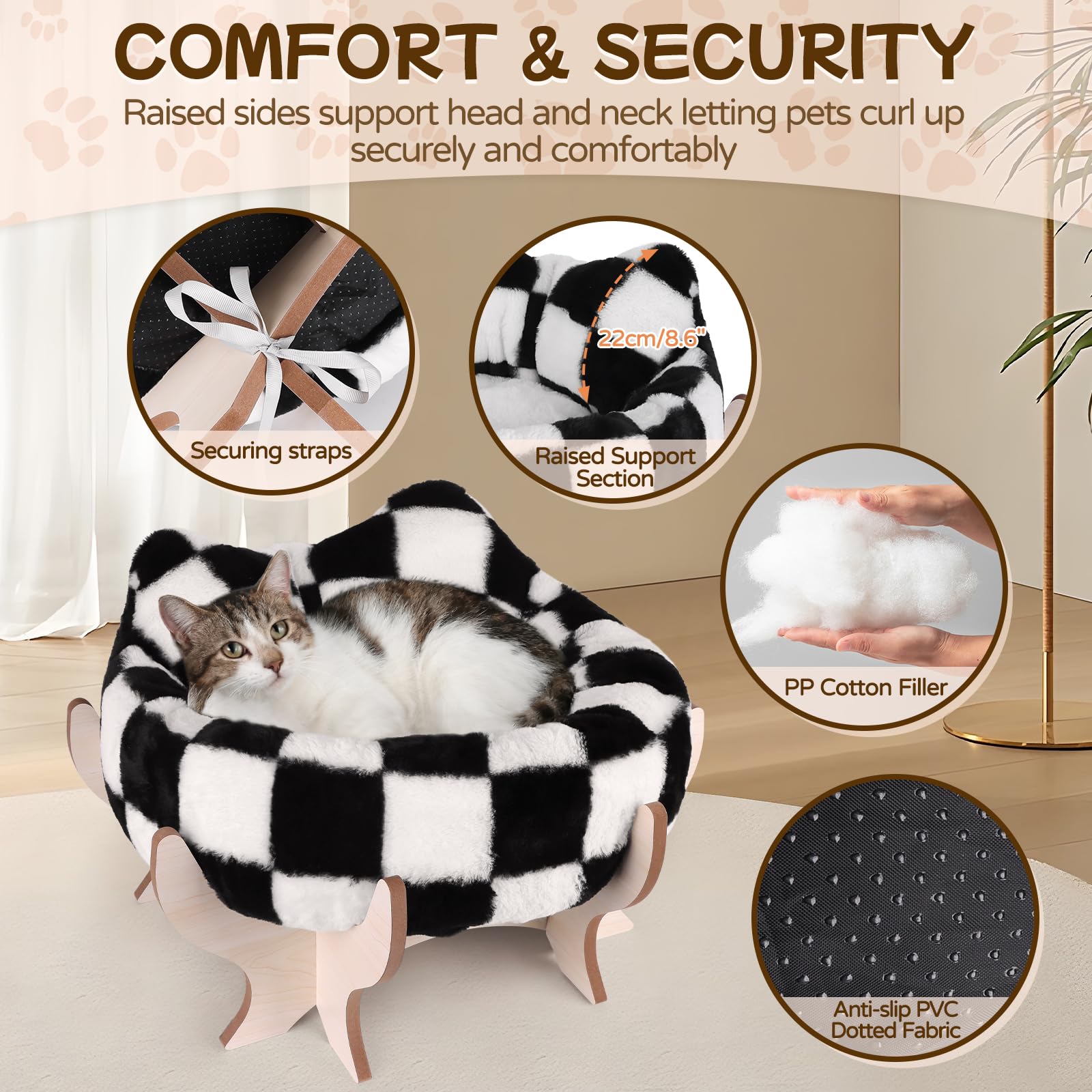 Lit surélevé pour chat d'intérieur, canapé lit pour animaux de compagnie avec coussin moelleux amovible, support en bois, canapé surélevé pour chat 45,7 x 45,7 cm, canapé surélevé pour chaton