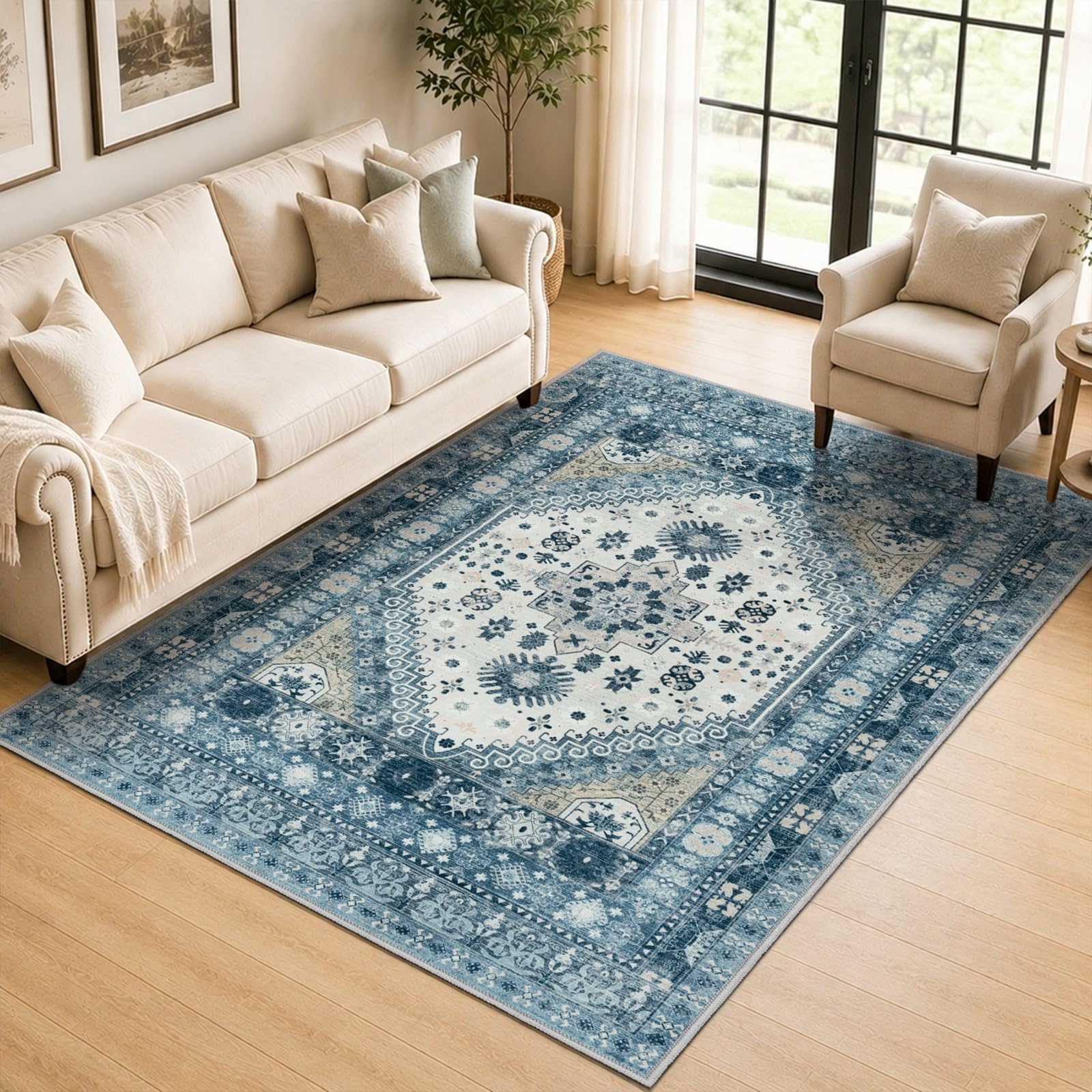 Capslpad Washable Rugs Living Room 120x180cm Distressed Vintage Area Rugs Non-Slip Traditional Oriental Bedroom Carpet Low Pile Thin Floor Mat Rug for Dining Room Kitchen Office Decor, Blue โ image 1