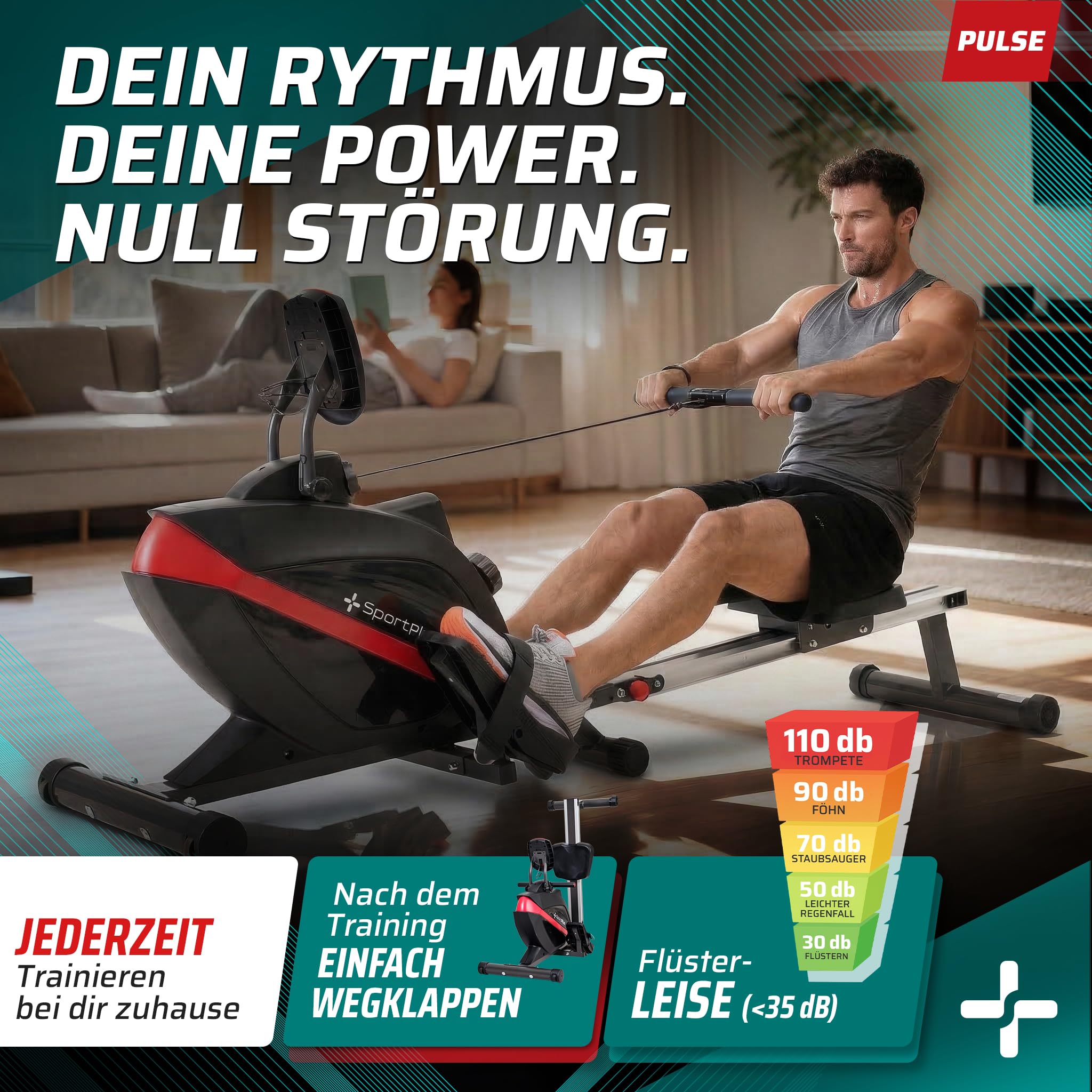 SportPlus Rudergerät für zuhause, klappbar, leise Magnetbremse, inkl. Trainingscomputer, Heimtrainer, Fitnessgerät für zuhause, Indoor Rudermaschine Fitness, optional App-kompatibel
