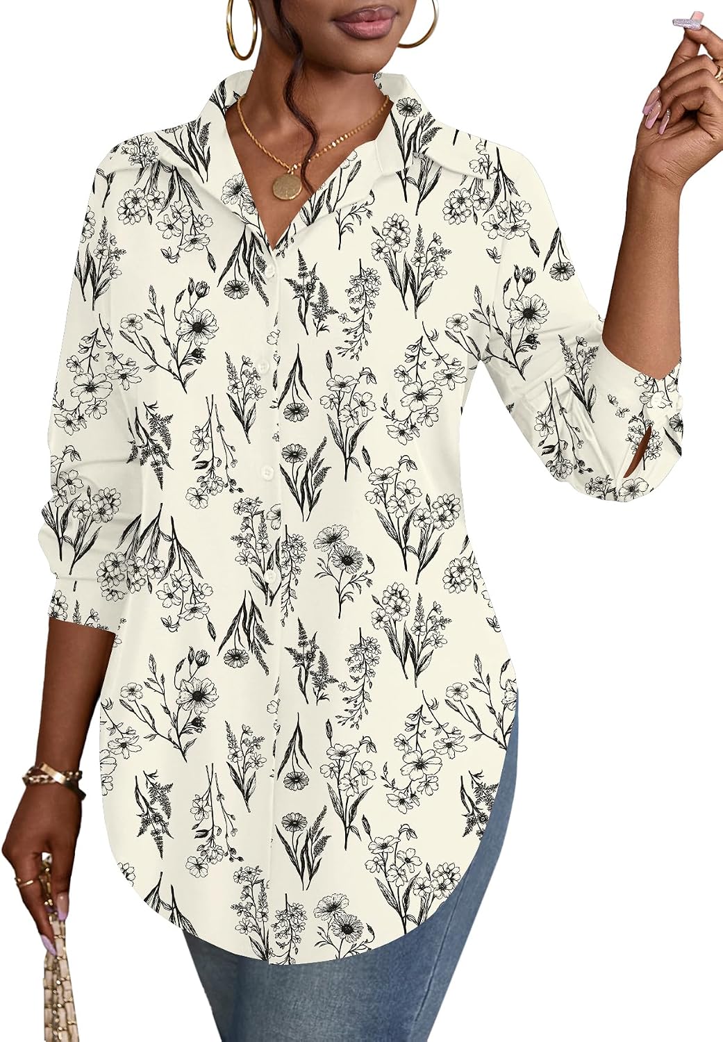 Rooscier Women's Button Down Shirts Collar V Neck Long Sleeve Slit Side Long Shirt Blouse Top