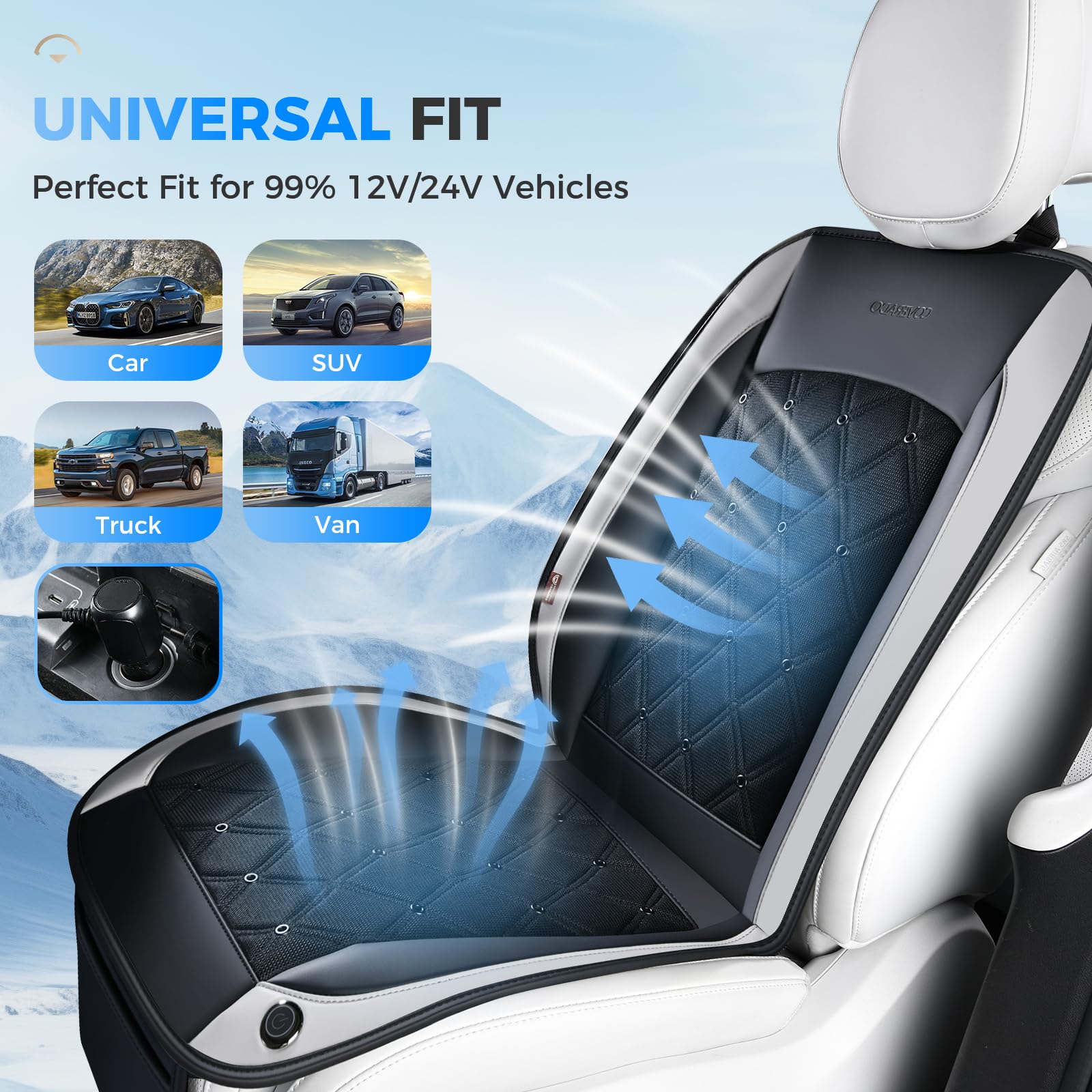 Coverado Housse de siège de Voiture rafraîchissante, 12 V-24 V, ventilée - 3 Vitesses réglables - Ajustement Universel pour Voiture, SUV, Camion, camionnette
