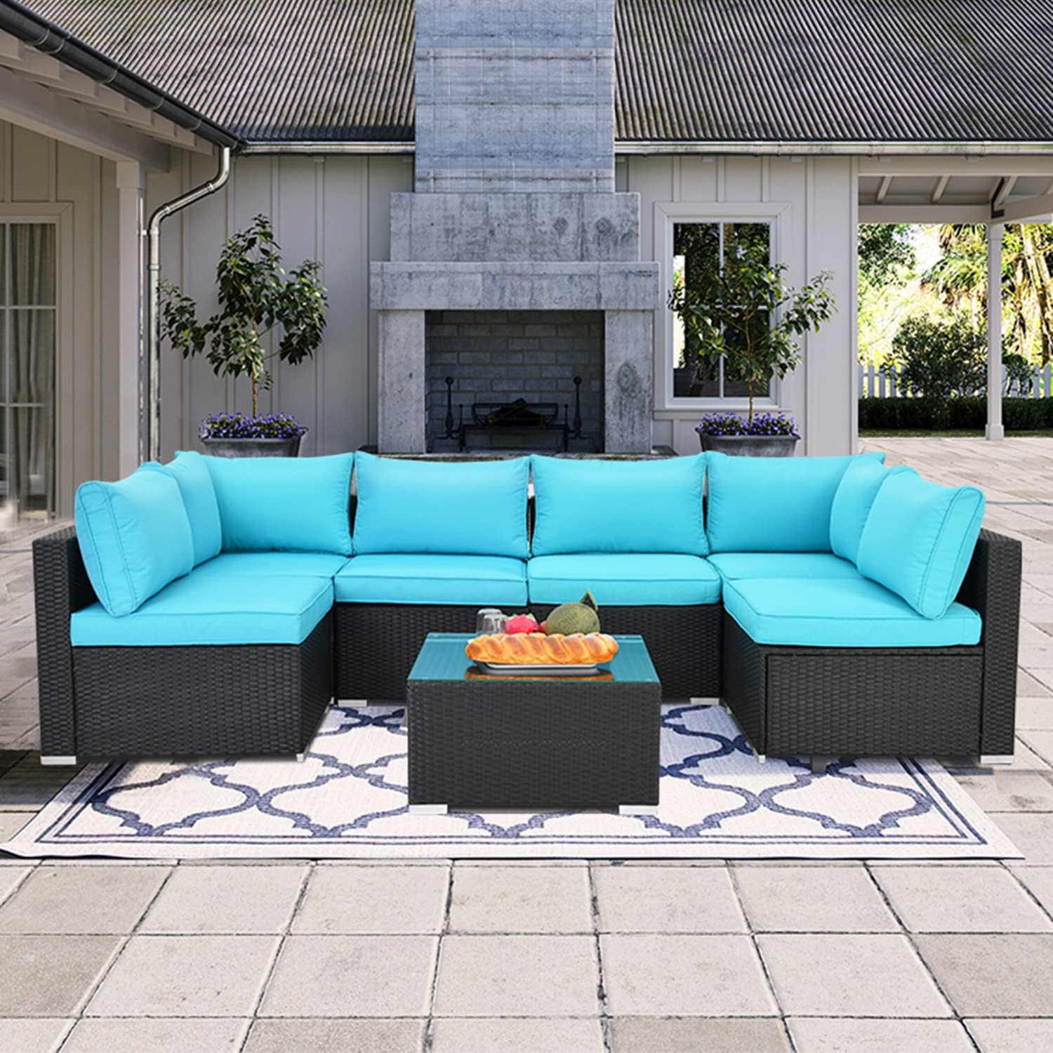 LAUSAINT HOME 7-Piece Outdoor Patio Furniture, PE Rattan Patio Furniture Set All Weather Sectional Conversation Sets with Cushions, Outside Sofa with Tempered Glass Table for Garden (Blue-7PCS)