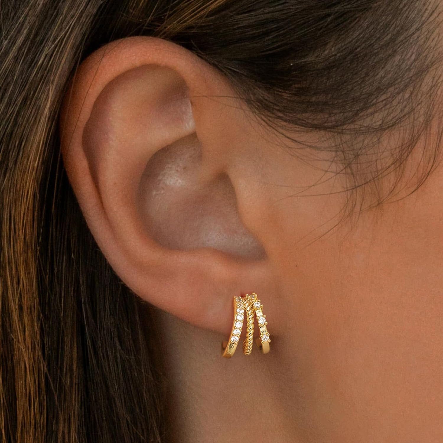 Gold Earrings For Women Trendy,Dainty Triple Huggie Hoop Earrings 14K Gold Plated Cute Small Hoop Earring Cuff Hypoallergenic Fun Unique Cartilage Huggie Earring Womens Fashion Jewelry - Image 2