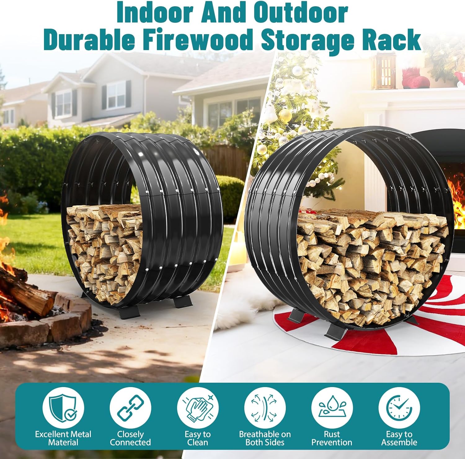 Round Heavy Duty Firewood Rack – Galvanized Wave-Shaped Steel with 4 Sturdy Legs – 0.8mm Thick Black Coated – Indoor or Outdoor Wood Holder for Fireplace,Patio & Deck Fire Pit (2.7FT Diameter)