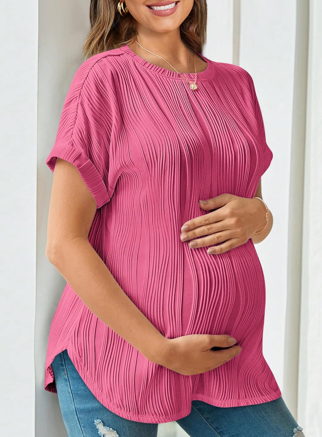 Womens Maternity Shirts Casual Textured Short Sleeve Crew Neck Spring Summer Pregnancy Tops S-XXL - Image 4