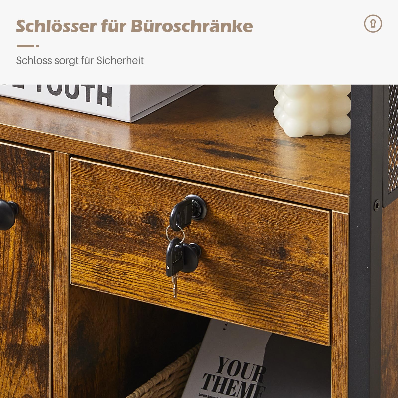 TUKAILAi Caisson de Bureau Rangement avec USB Port, Caisson Imprimante Mobile à Tiroir Verrouillables, Caisson Imprimante Mobile avec roulettes pour Format A4 Style Industriel (Marron Rustique)