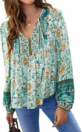 YUZIBAO Women's V-Neck Long Sleeve Boho Floral Print Blouse