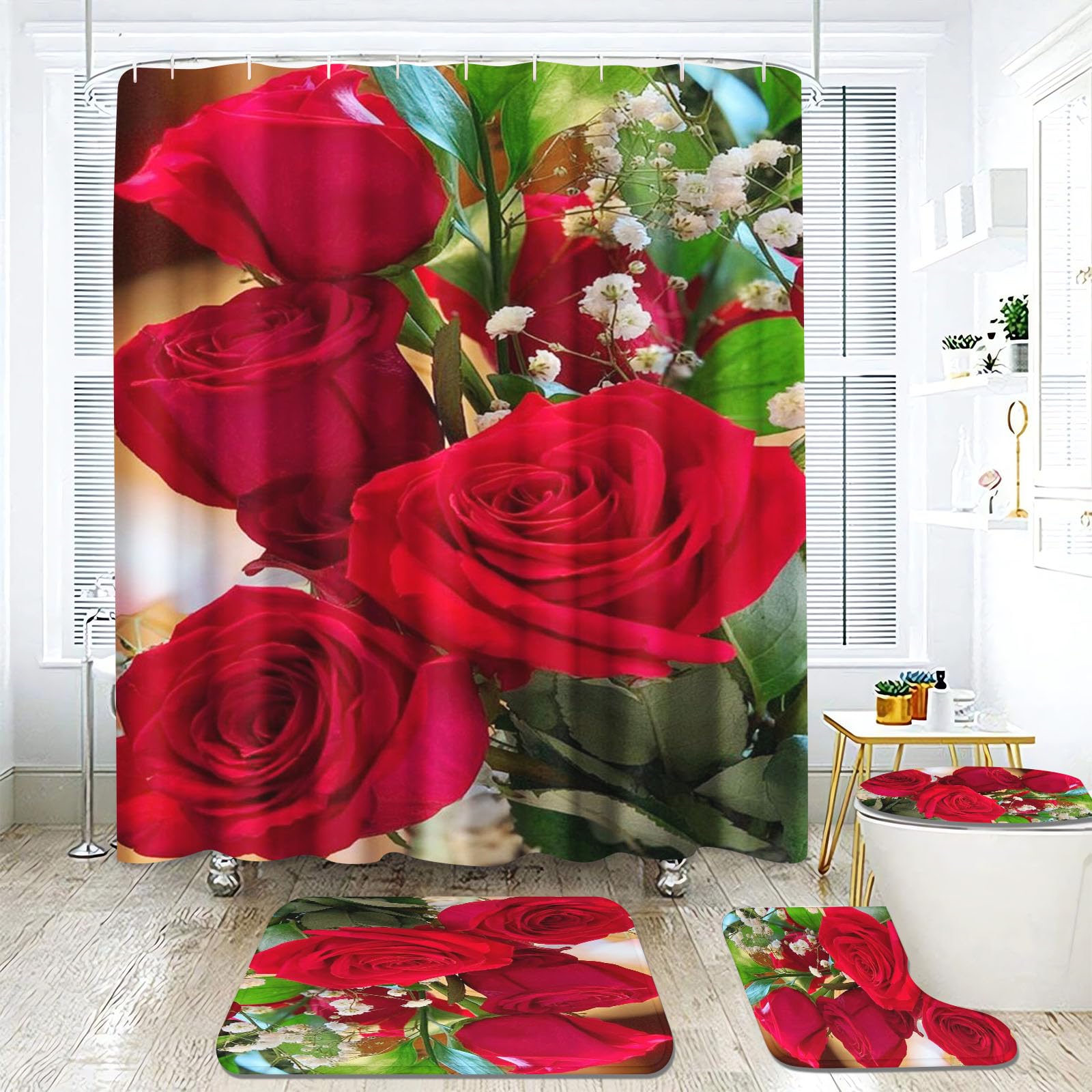 Fadaing Rose Shower Curtain 180 x 200 cm 180 x 180 cm Flower Shower Curtains Waterproof Polyester Blooming Roses Shower Curtain Bathroom Mat 4-Piece Set (200 x 240 cm, 1)