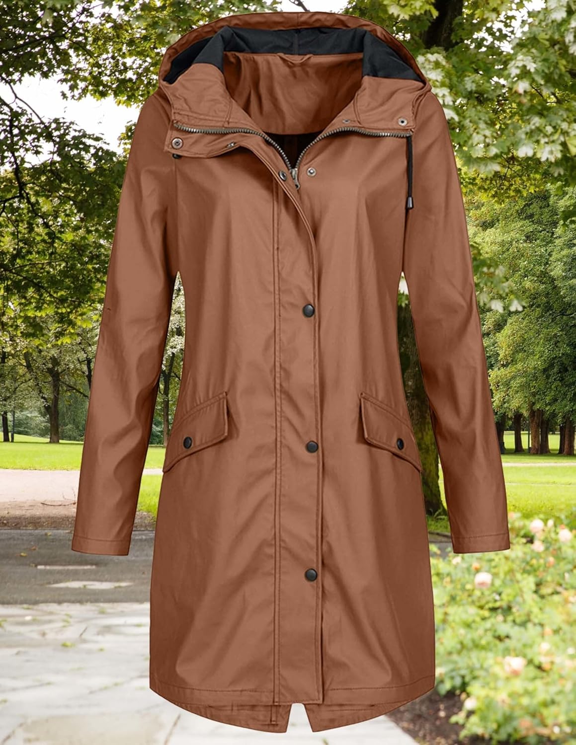 LIZALIG Women's Waterproof Cinch Waist Jacket - Long Breathable All Weather Raincoat