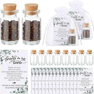 Tanlade 100 Sets Funeral Favors Include Funeral Prayer Cards Celebration of Life Memorial Card Memorial Seeds Glass Bottles with Cork Stopper Organza Bags for Loss of Loved One, No Seed(Leaf)