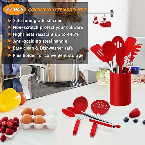 Miniatura 10 de LIANYU Juego de 27 utensilios de cocina con soporte, utensilios de cocina de silicona con mango de acero inoxidable, utensilios de cocina,