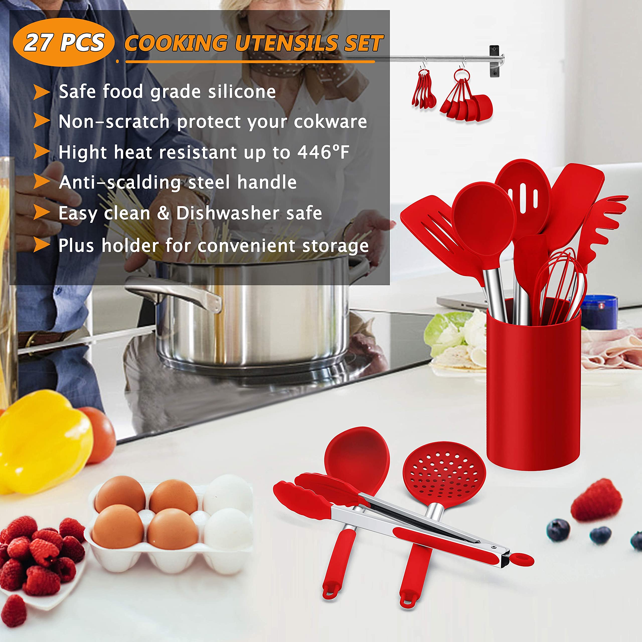 LIANYU Juego de 27 utensilios de cocina con soporte juego de espátula de silicona con mango de acero inoxidable utensilios de cocina para utensilios de cocina antiadherentes resistente al calor rojo