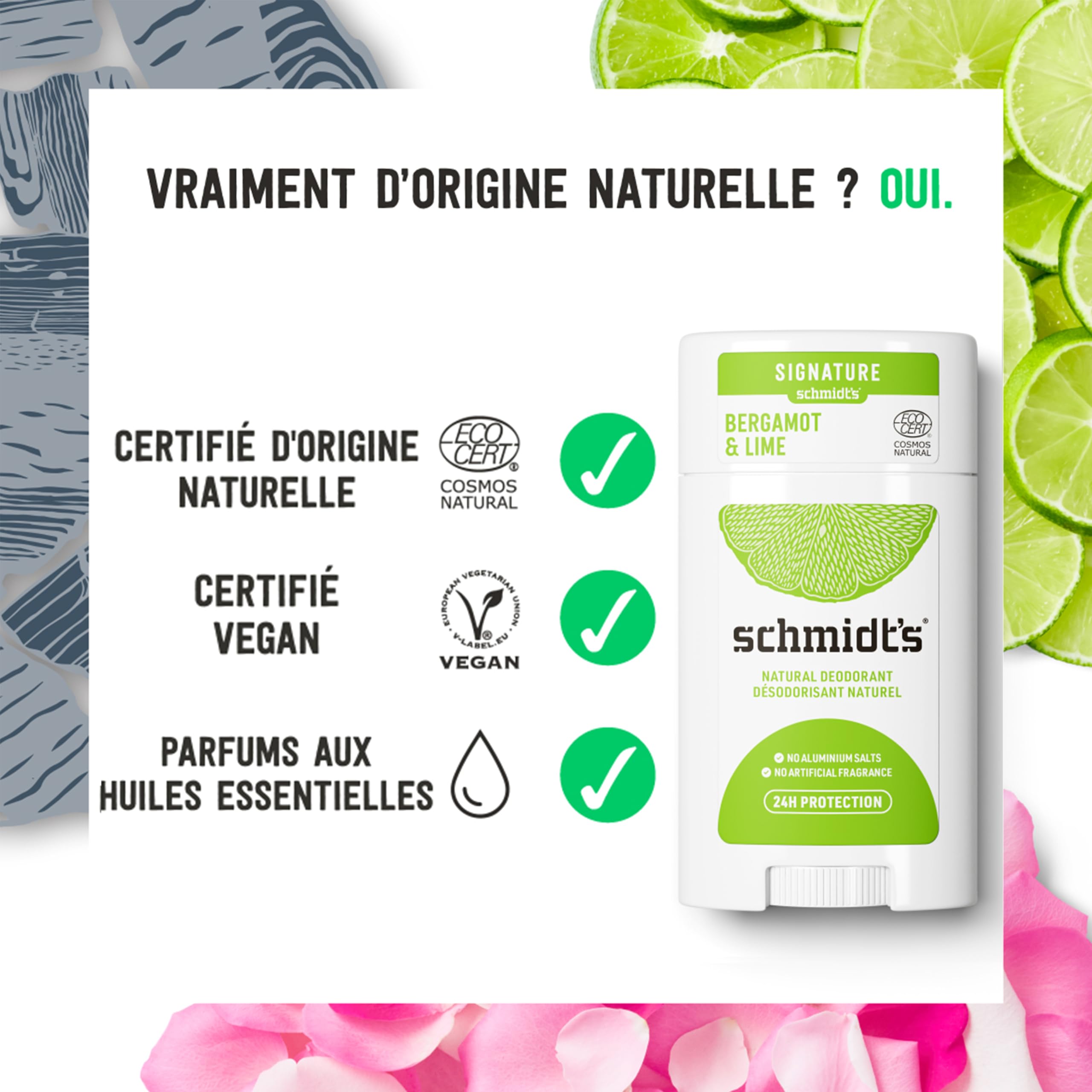 Schmidt's Déodorant Stick Signature Bergamote et Citron Vert, Efficace 24h, 100% Origine Naturelle, Certifié naturel et Vegan, Testé Dermatologiquement, 75g