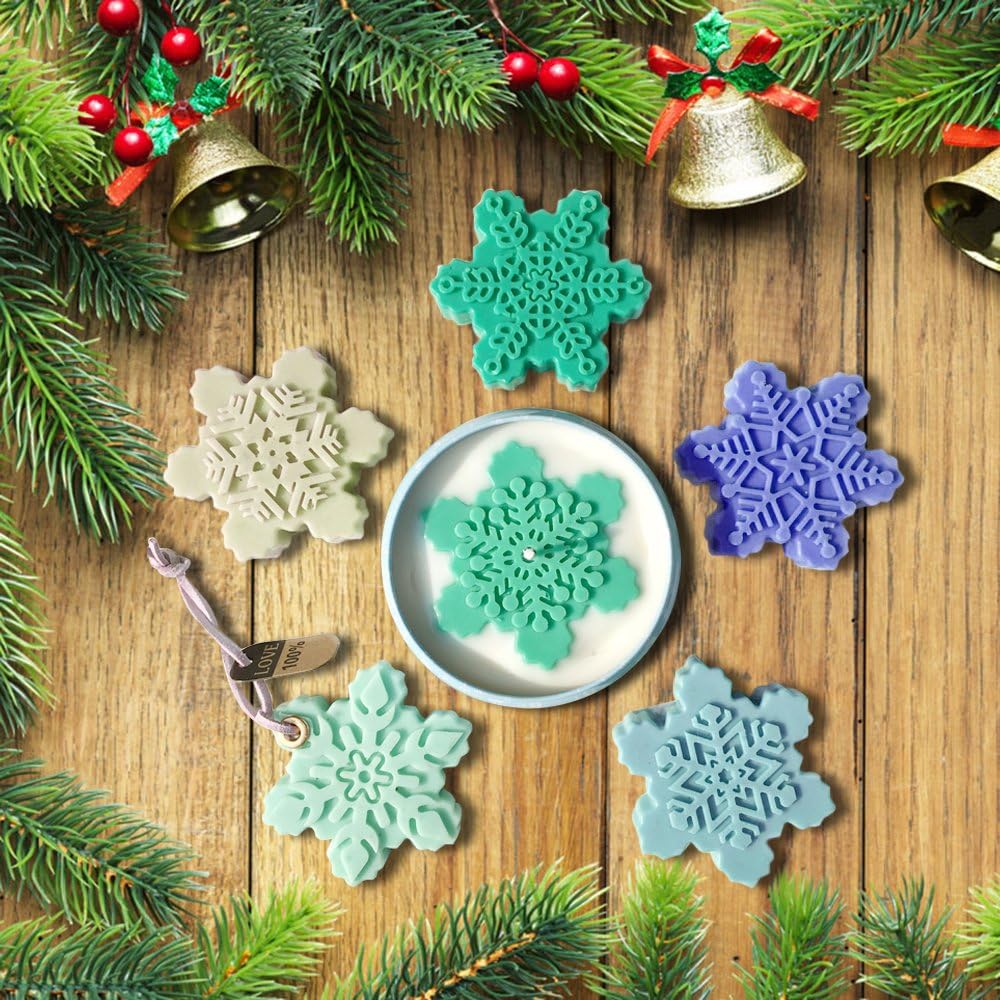 6-Cavity Snowflakes Silicone Cake Mold, YuCool 2 Pack Non-Stick Christmas Baking Tray with Silicone Scraper, DIY Muffin Chocolate Ice Cubes Soap, Oven-Microwave-Freezer-Dishwasher Safe