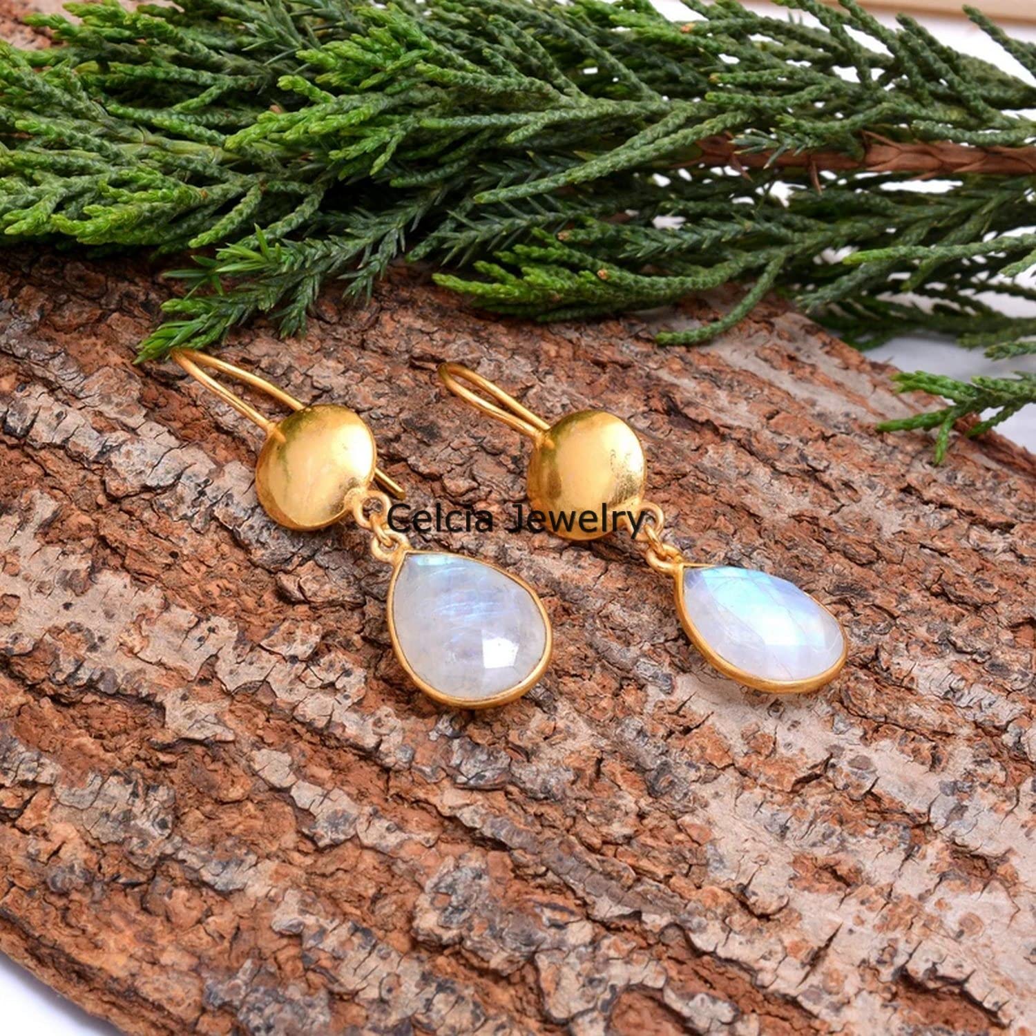 Pendientes colgantes de plata de ley 925 pura para mujer, piedra lunar arcoíris genuina, pendientes únicos de piedra natal de junio, oro amarillo Vermeil