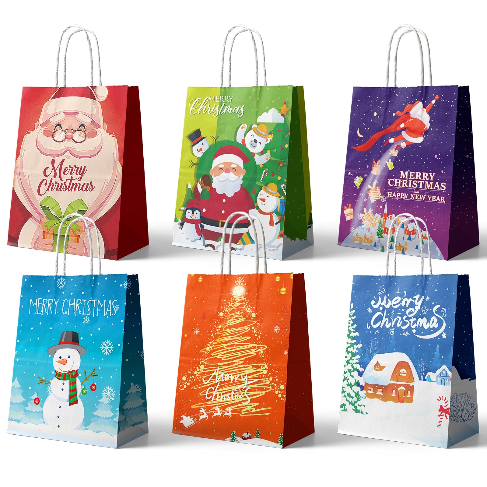 24 Pcs Kraft Gift Bags - Medium Christmas Paper Bags with Handles - Six Holiday Designs for Presents and Party Favors