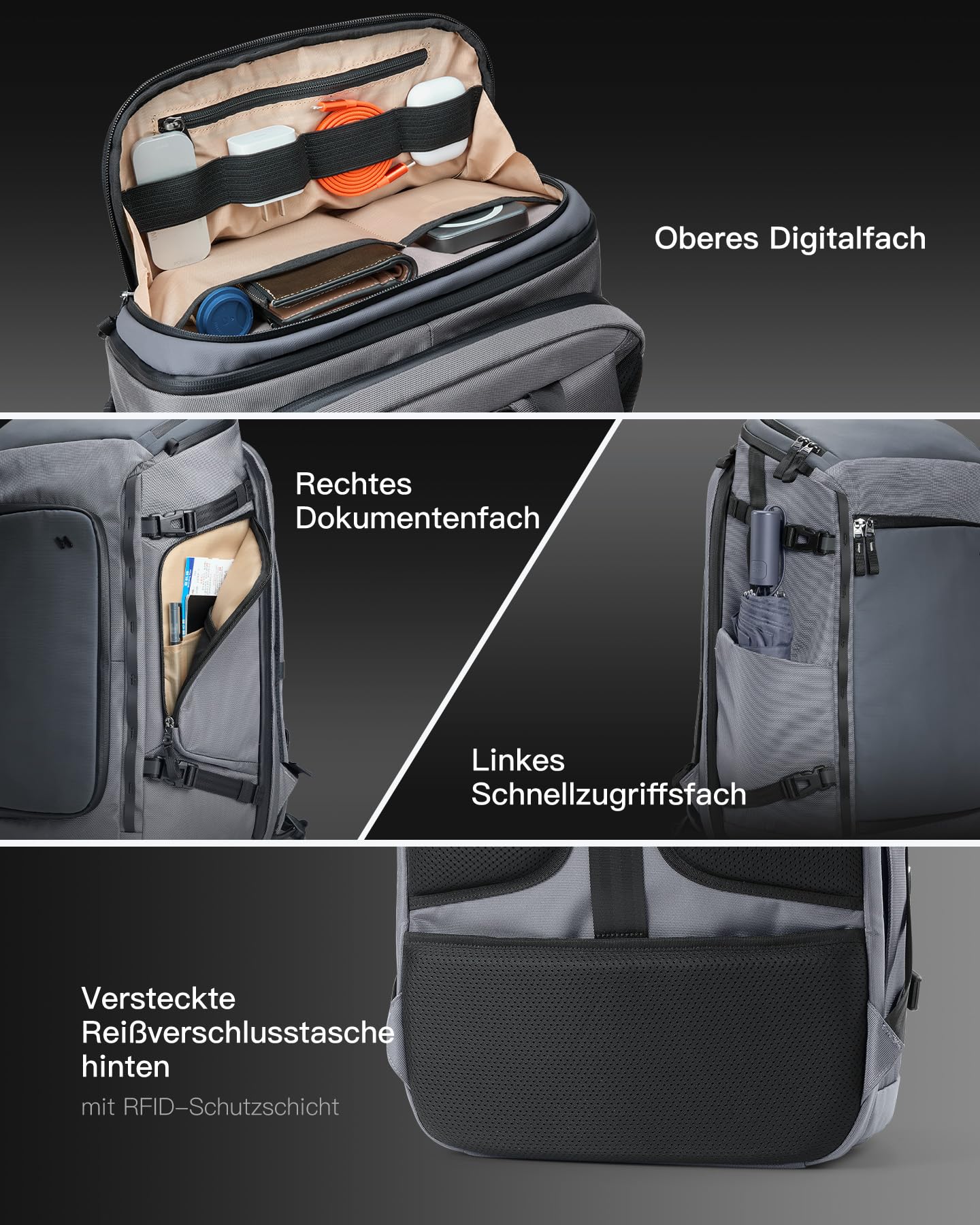 Inateck Groß Reiserucksack 40L, TSA Freundlich Handgepäck Rucksack,Grau | Spritzwassergeschützt Flugzeug Travel Carry on Laptop Backpack für 17 Zoll Laptop, für Business, Reise Weekender Trip
