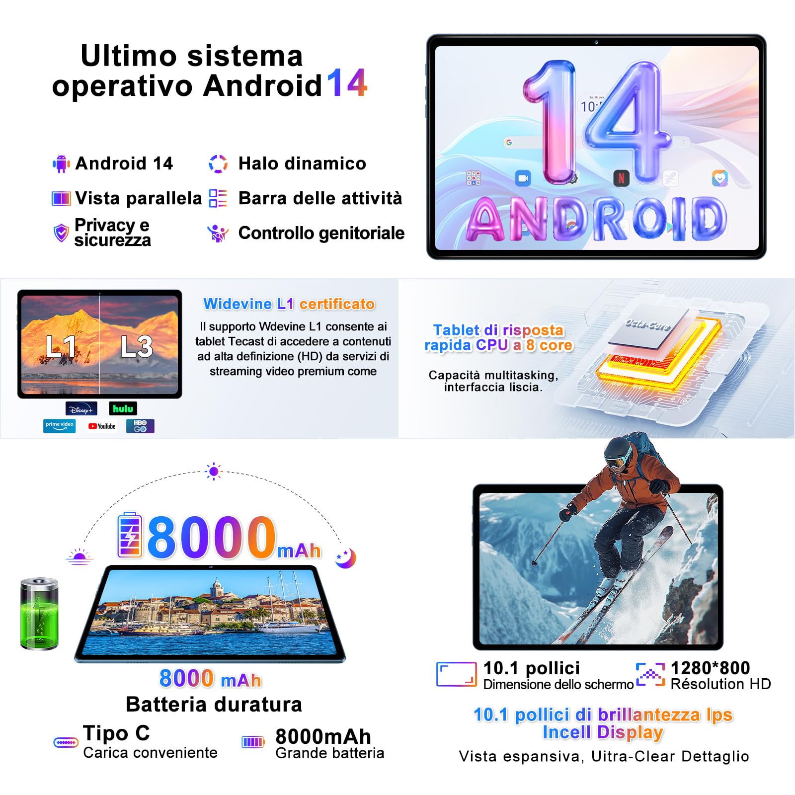 fezawio F10 Tablet 10 Pollici, Tablet Android 14, 22 GB RAM+128 GB ROM |1TB TF |8000mAh |5G Wi-Fi |Octa-Core |Widevine L1 |2.0Ghz Tablet PC Con Tastiera Mouse Fondina, Migliore Regalo-Blu