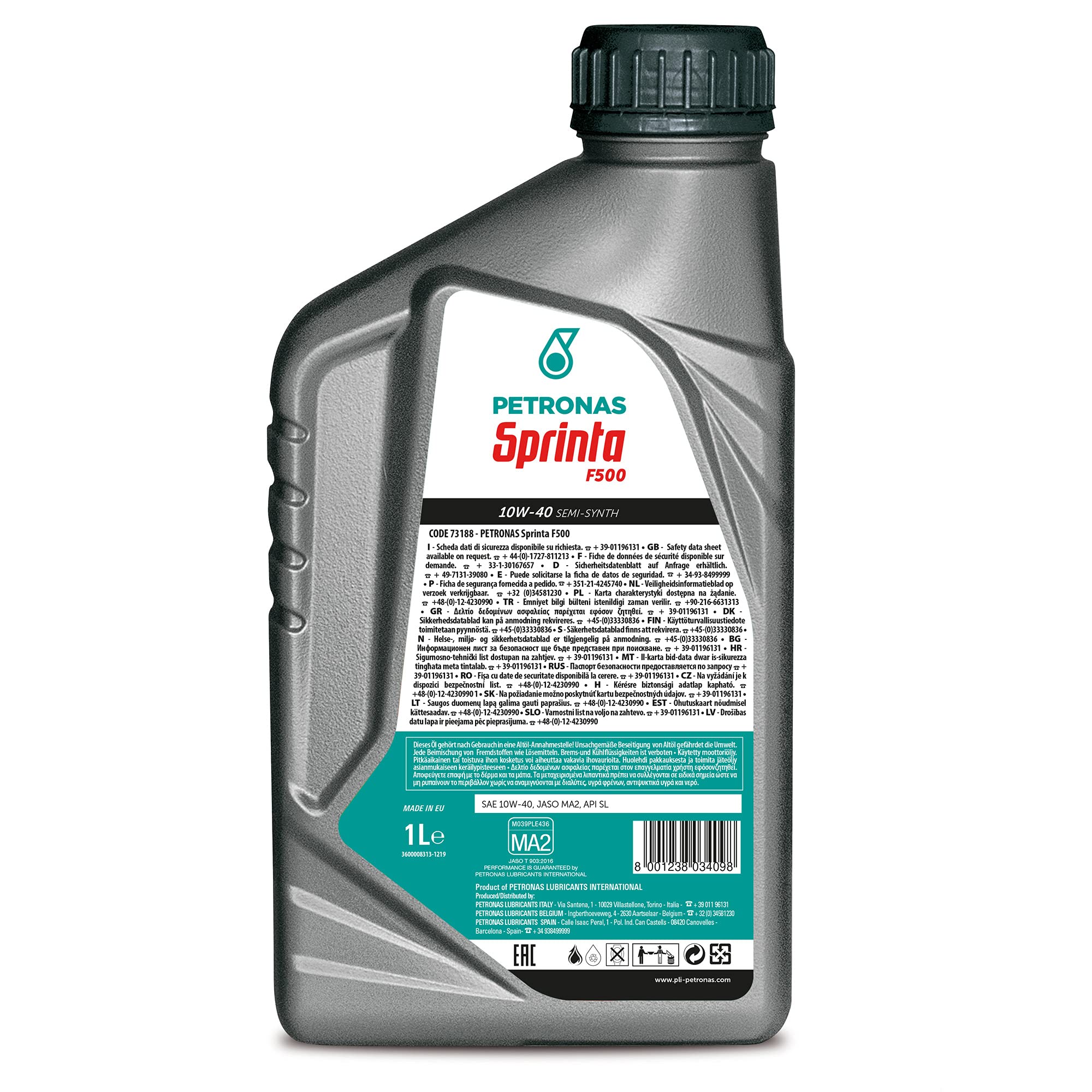 Petronas Kit 5X Sprinta Olio Motore Moto Scooter 4 Tempi F500 10W-40 1L - Semi Sintetico - 5 Cofezioni da 1 Litro