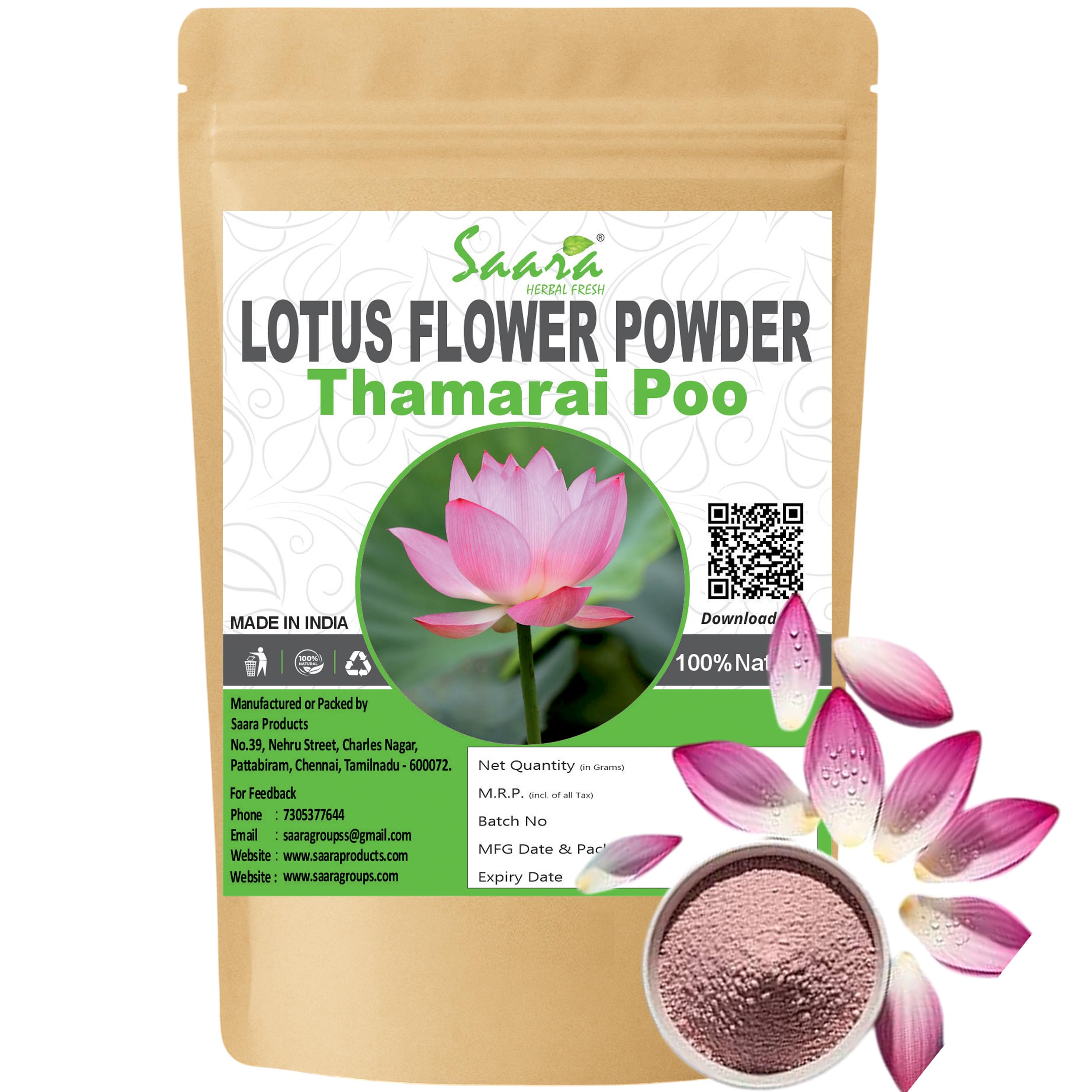 Lotus Flower Powder (Pink) 70g, Thamarai Poo, Kamal Powder, For Face, Skin and Hair (Pack of 1 x 70g)